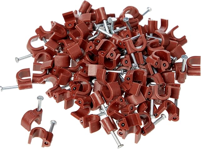 Merriway BH02713 (100 Pcs) Round Cable Clips Suitable for RG59, RG6 Coaxial and Cat5e Ethernet Cable, 6mm (0.25 inch) Brown - Pack of 100 Pieces