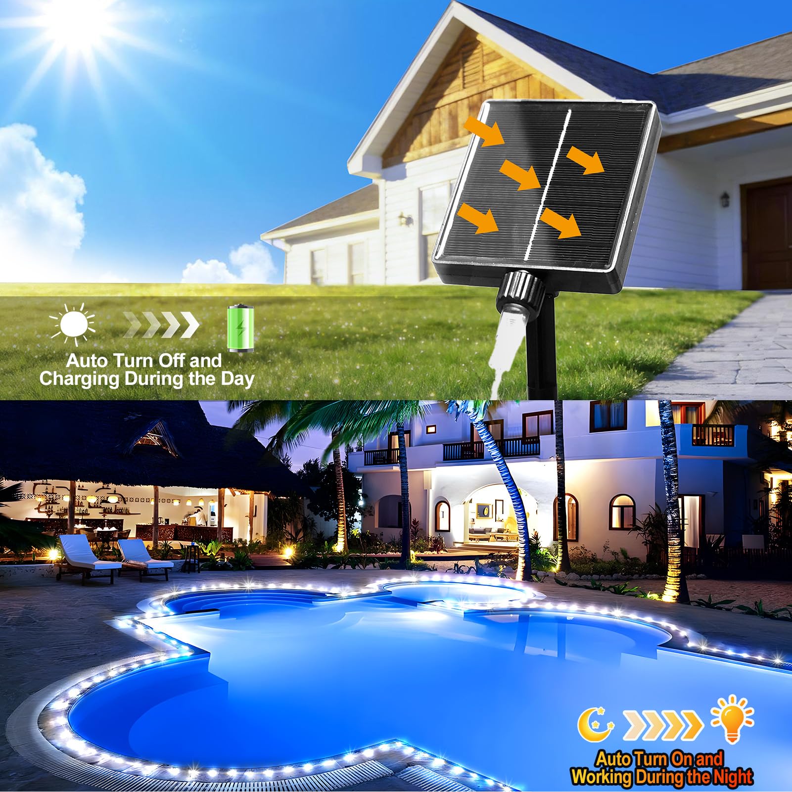 KNONEW Tira de luces solares para exteriores, 300 LED, 50 pies, impermeable, con modos, tubo delgado transparente para piscina, árbol, patio, jardín, valla, camping, terraza, cama elástica (blanco