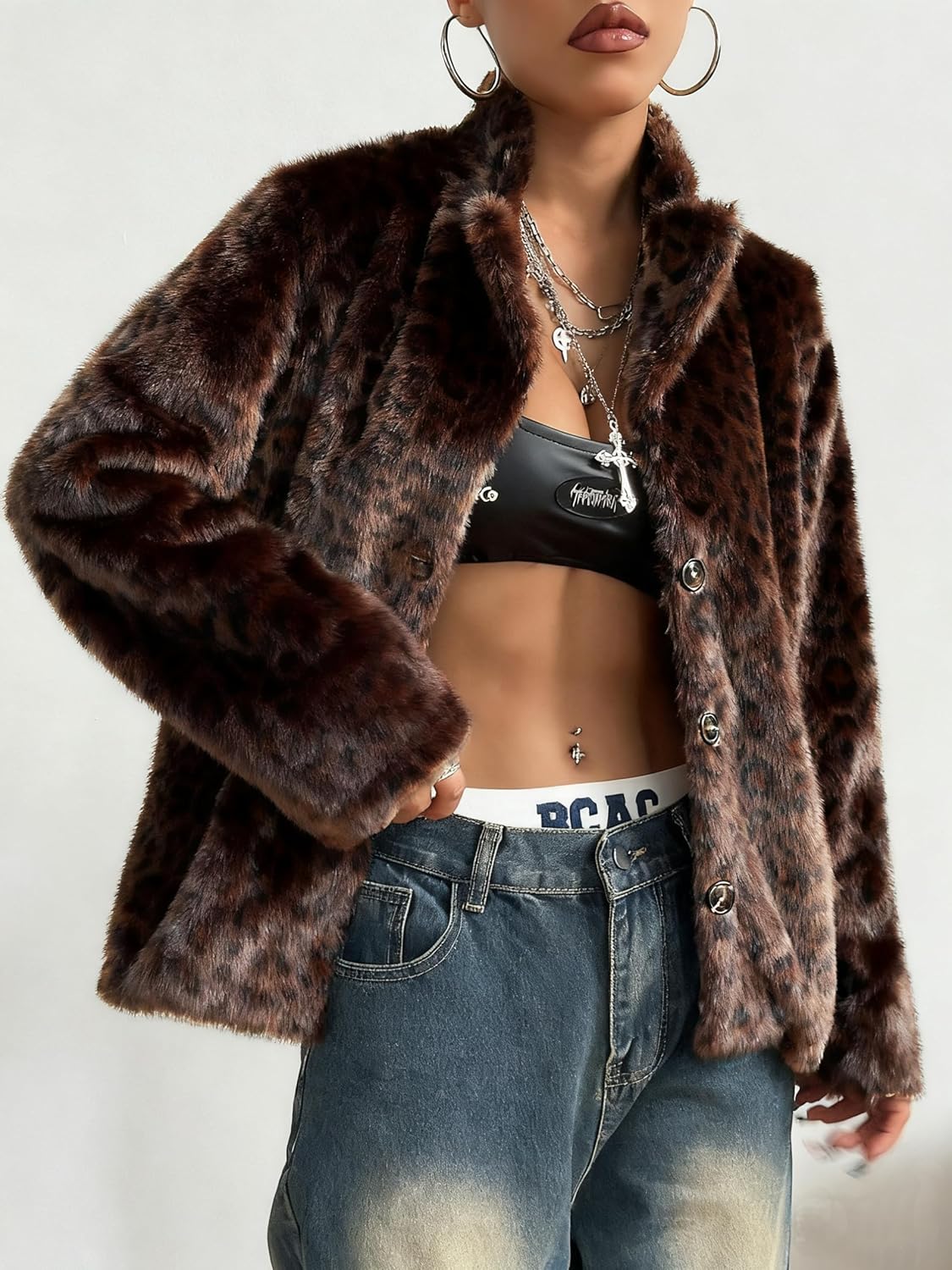 utcoco Womens 2025 Leopard Faux Fur Coat Button Down Winter Coats Fluffy Parka Shaggy Warm Outerwear - Image 4