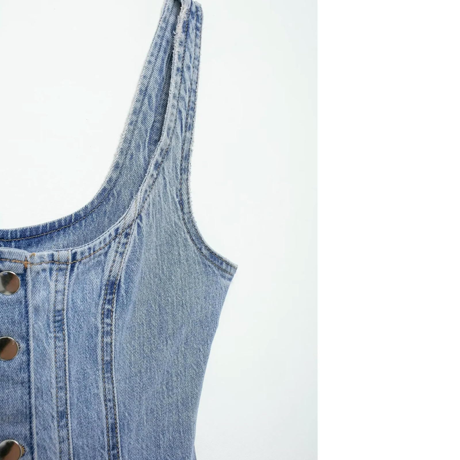 Abito Donna Invernale Denim da Donna in Denim Lungo Abbigliamento Abbottoni Senza Maniche Canotte Jean Maxi Abito con Tasche-Blu-m