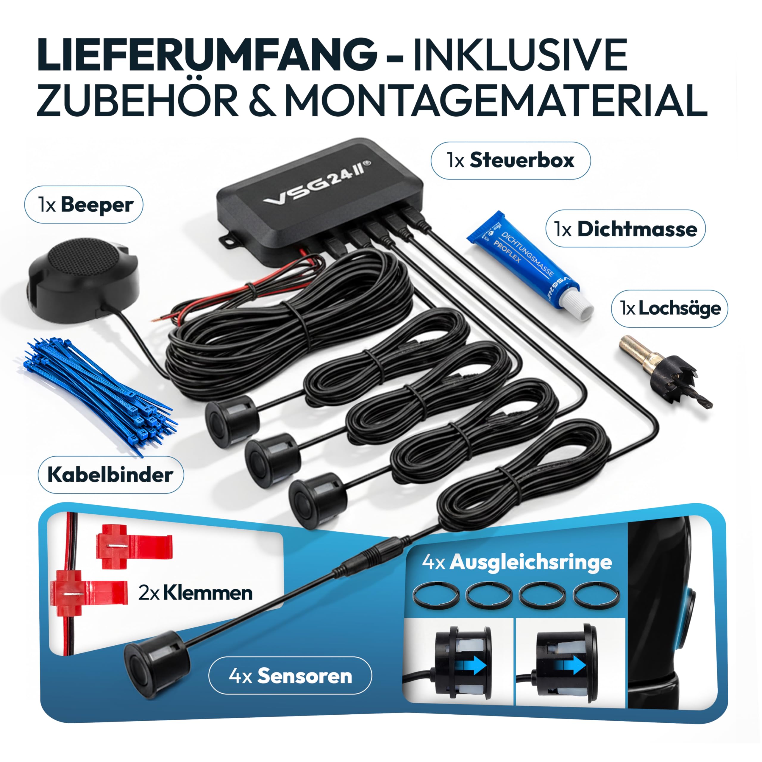 VSG24 Einparkhilfe Set hinten mit 4 Sensoren – robuste PDC Parkhilfe für Auto, SUV & Transporter – akustischer Rückfahrwarner, 30–150 cm Reichweite – 12V Nachrüstsystem