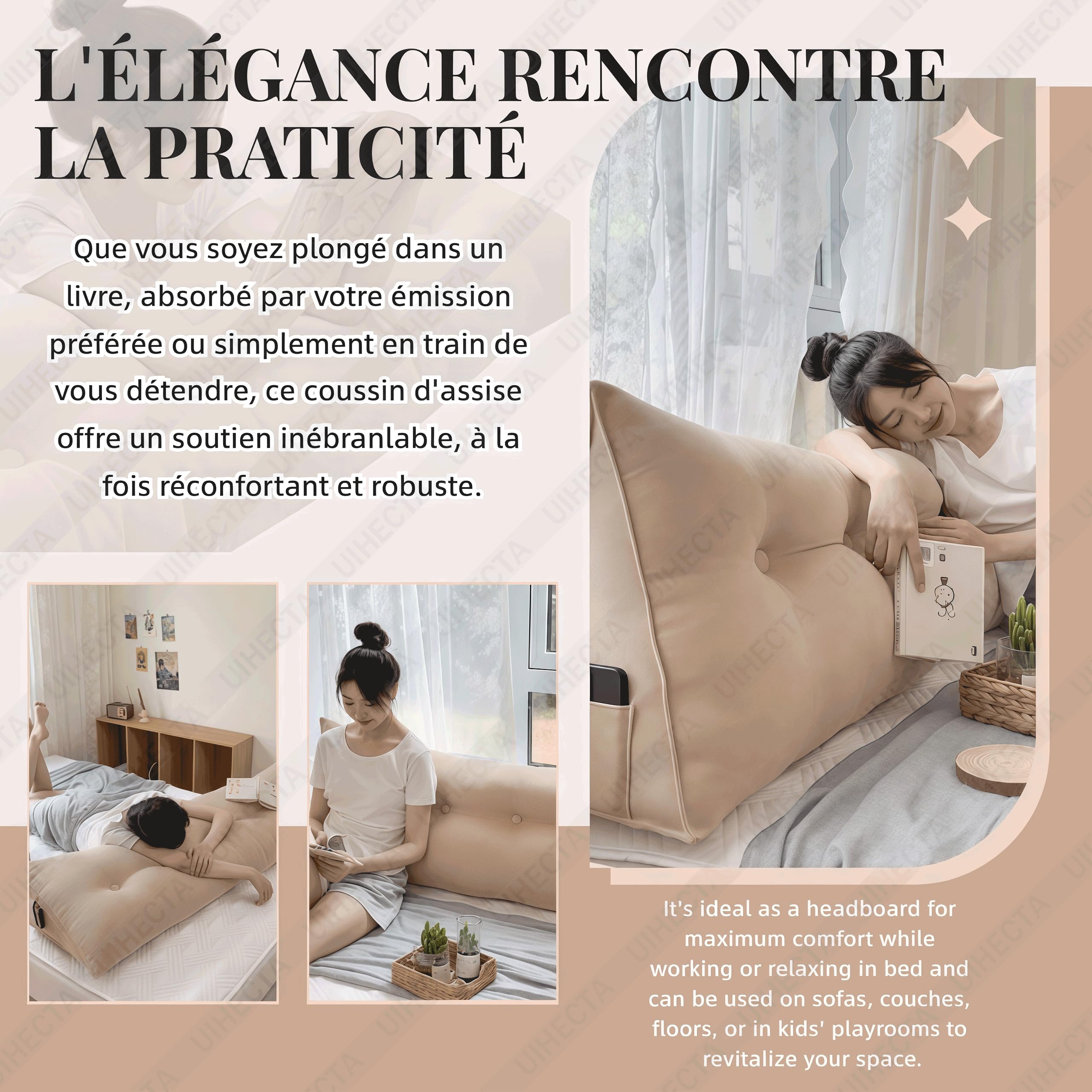 Coussin De Lecture Triangular Pour Lit - Appui-tête Amovible, Confortable, Gris Velours