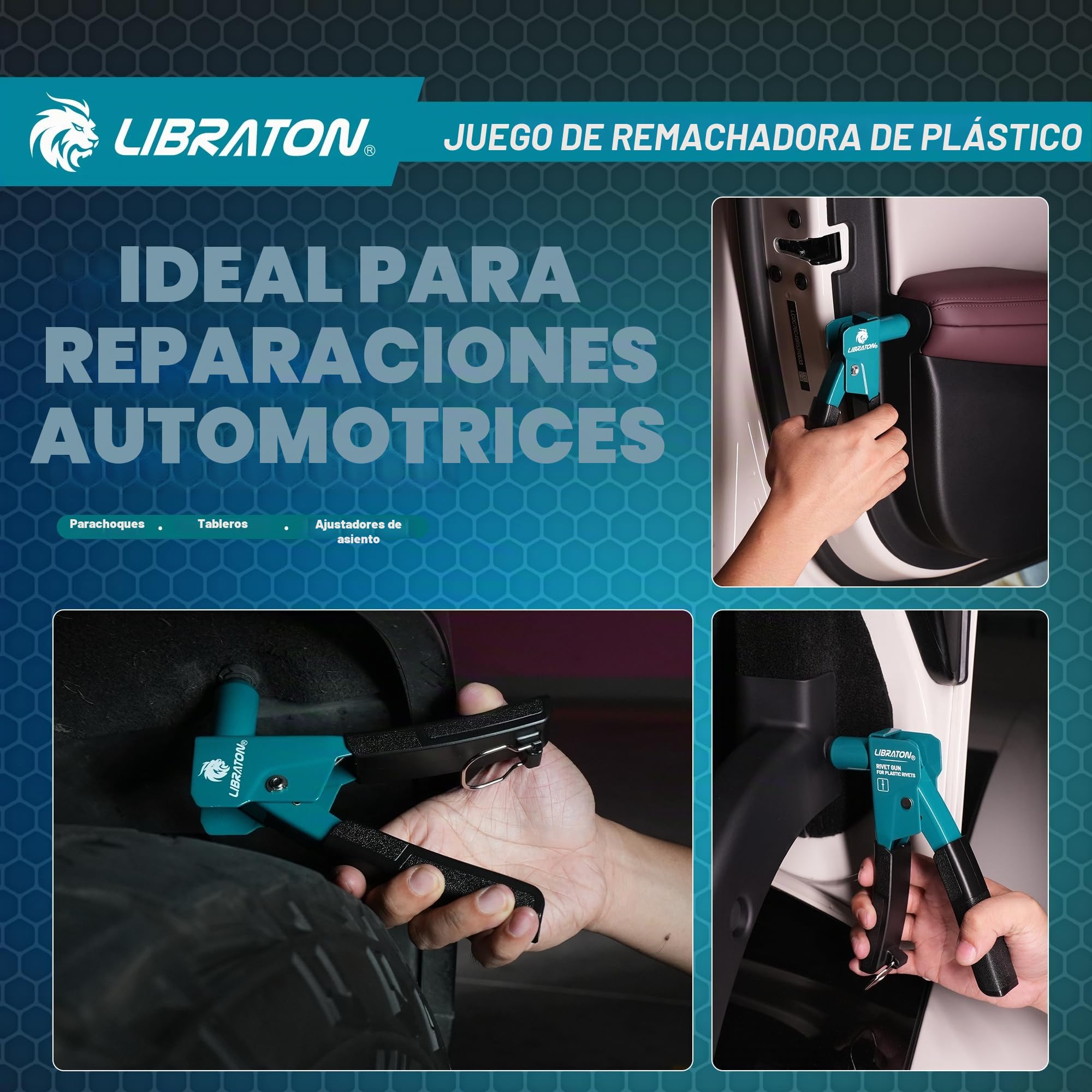 LIBRATON - Kit de pistola remachadora de plástico, remachadora manual de 90 grados con 40 remaches de nylon (4 tamaños), punta universal para automoción/electrónica, ergonómica y con un 50% menos de