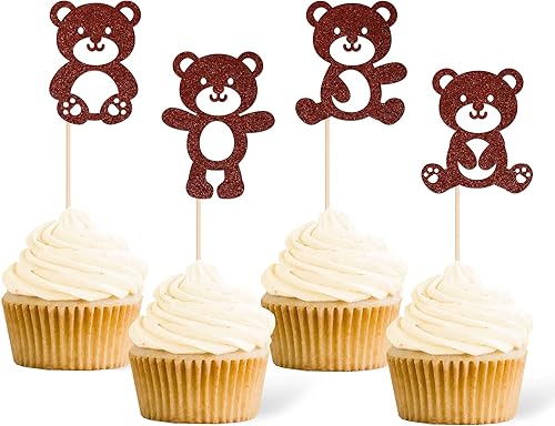 24 piezas de decoración para cupcakes de oso de bebé, con purpurina marrón, de doble cara, lindos osos para cupcakes, decoración de pasteles de
