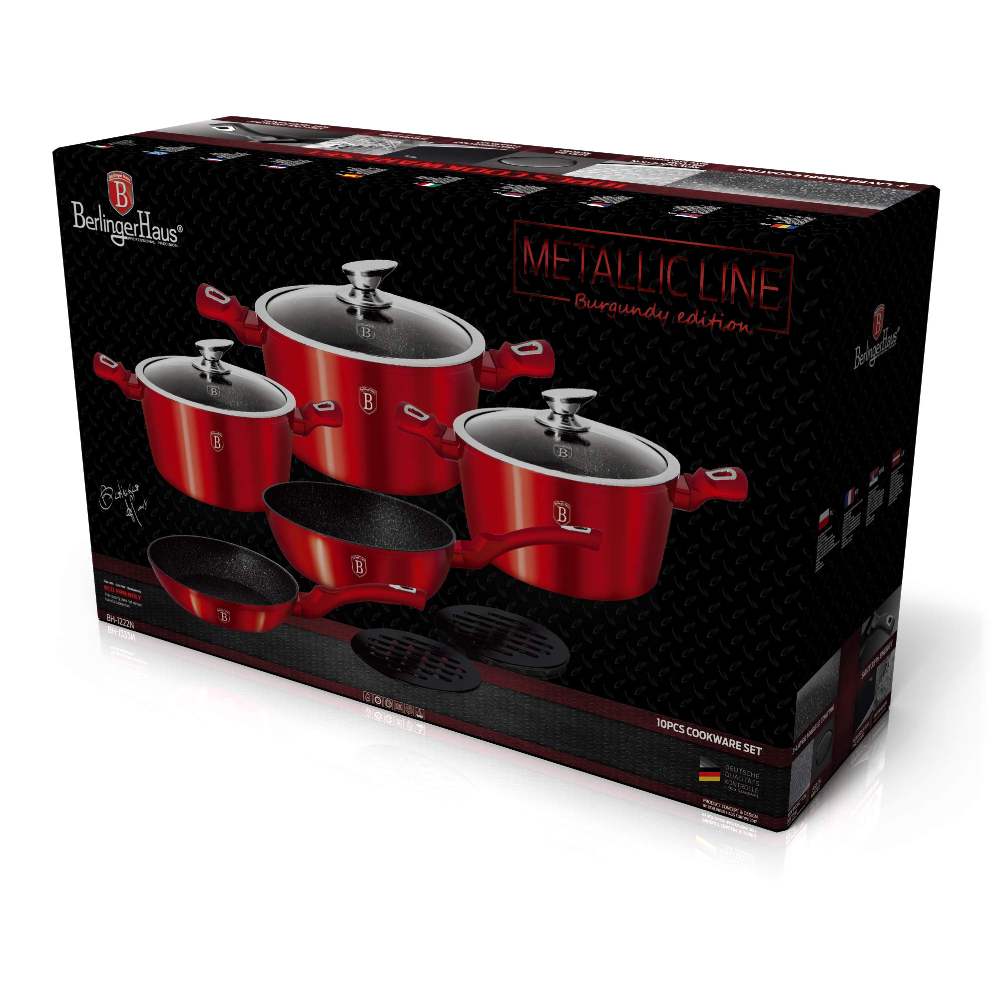 Berlinger Haus Burgundy Batería Cocina Inducción 10 Piezas, Antiadherente Mármol sin PFOA, Aluminio, Set 3 Cazuelas, 3 Tapas Cristal, 2 Sartenes, 2 Salva Manteles, Diseño Metallic Line, Vitrocerámica