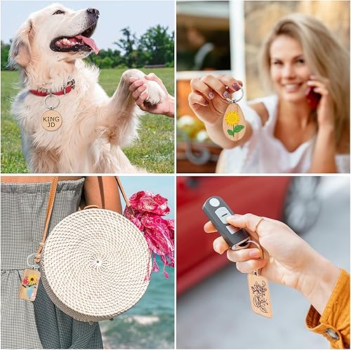 Miniatura 5 de MIKIMIQI 15 piezas de grabado de madera, llavero de madera en blanco, varios colores de madera sin acabar, llavero para manualidades, grabado láser,