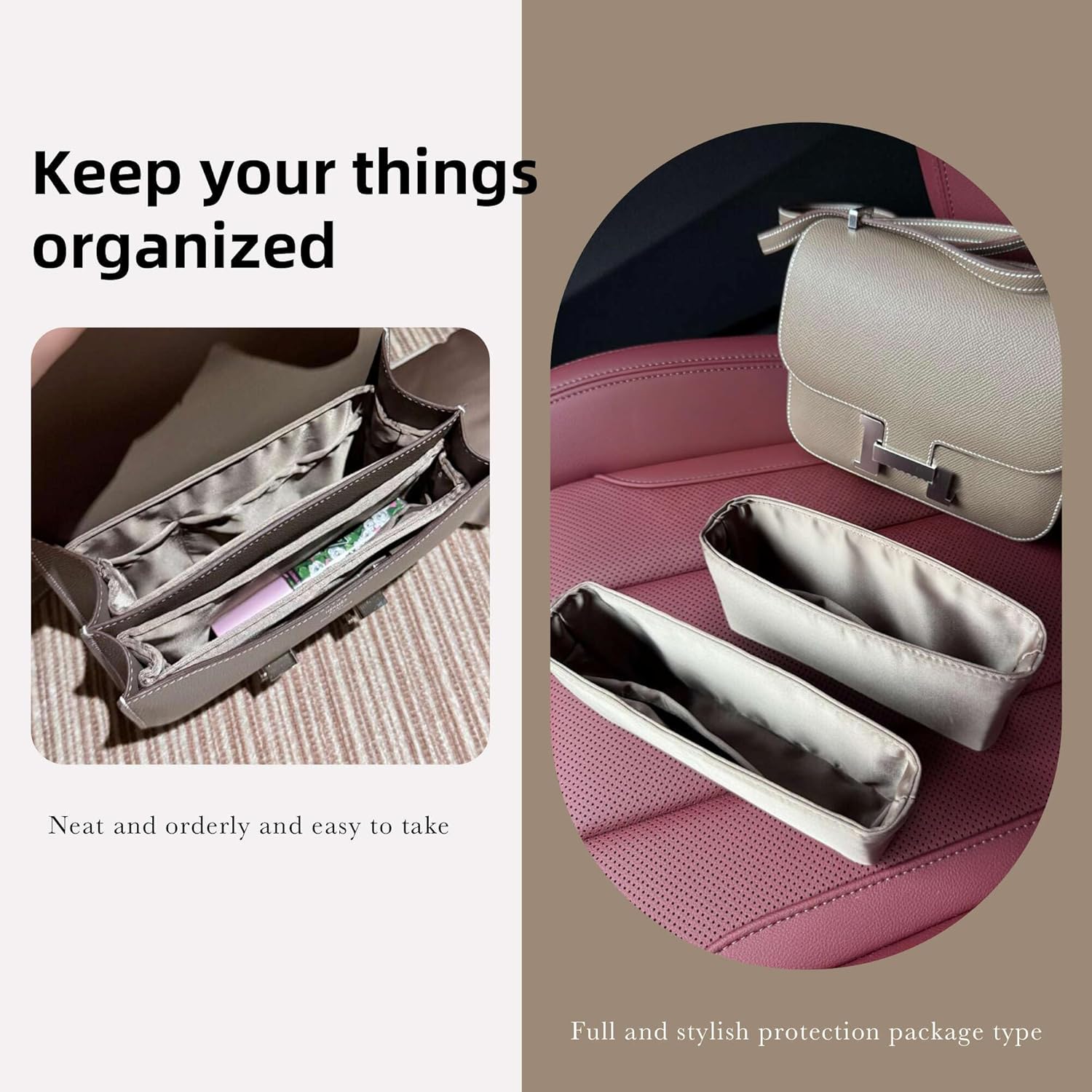 DGAZ Silk Purse Organizer Insert Fits Constance 19/24 ，Silky Smooth Bag Organizer，Luxury Handbag & Tote Shaper（Etoupe grey，C24）