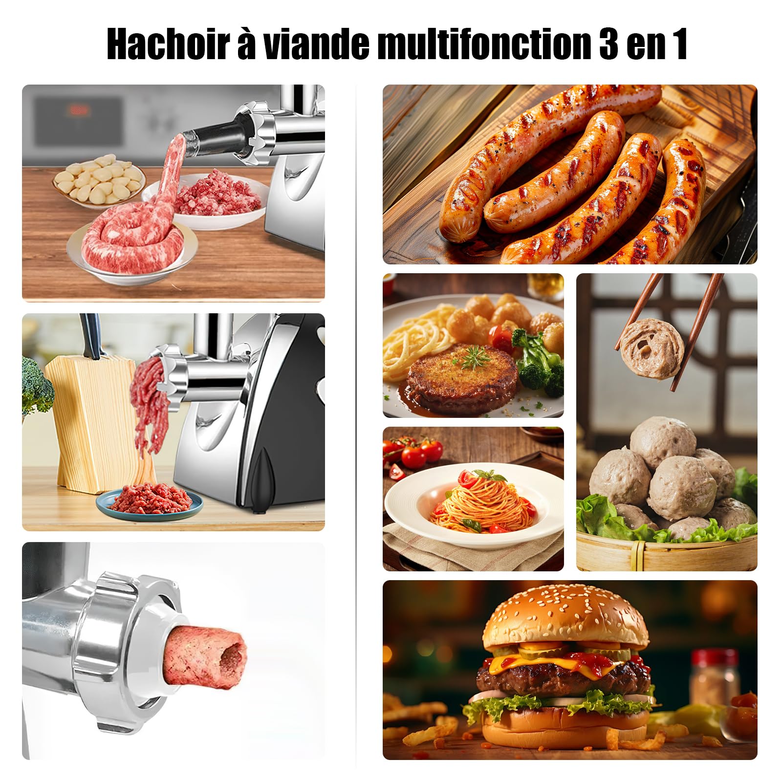 Picadora eléctrica carne, 2800 W, 3 en 1 de acero inoxidable, 3 placas de molienda, Kubbe, picadora para verduras y salchichas
