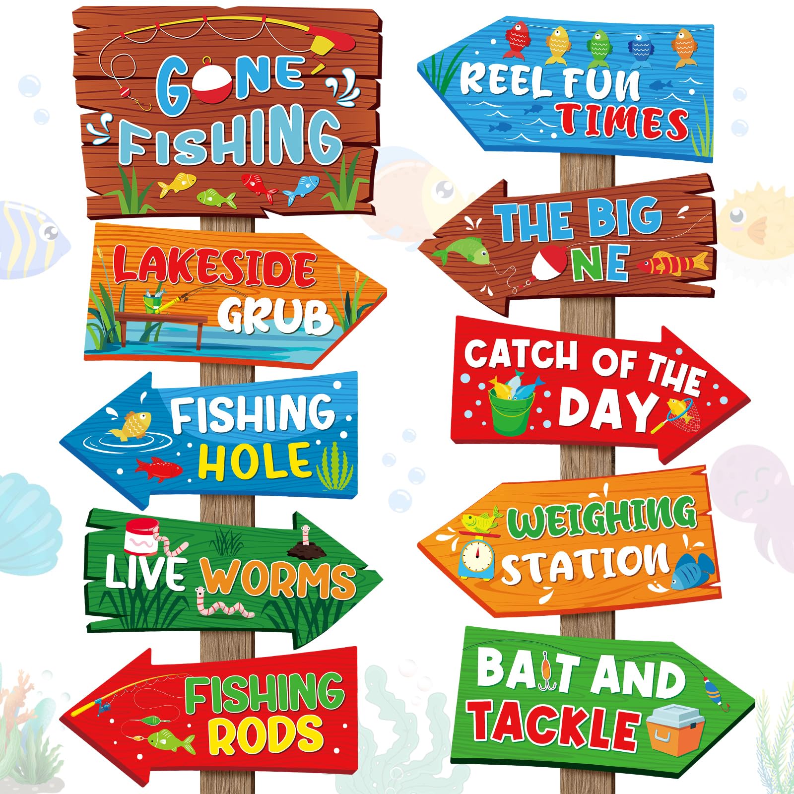 Hooqict 20 Pieces Gone Fishing Sign Fishing Birthday Party Decorations Welcome Direction Signs for Kids Summer Birthday Party Supplies Retirement Decorations Baby Shower Fish Cutouts