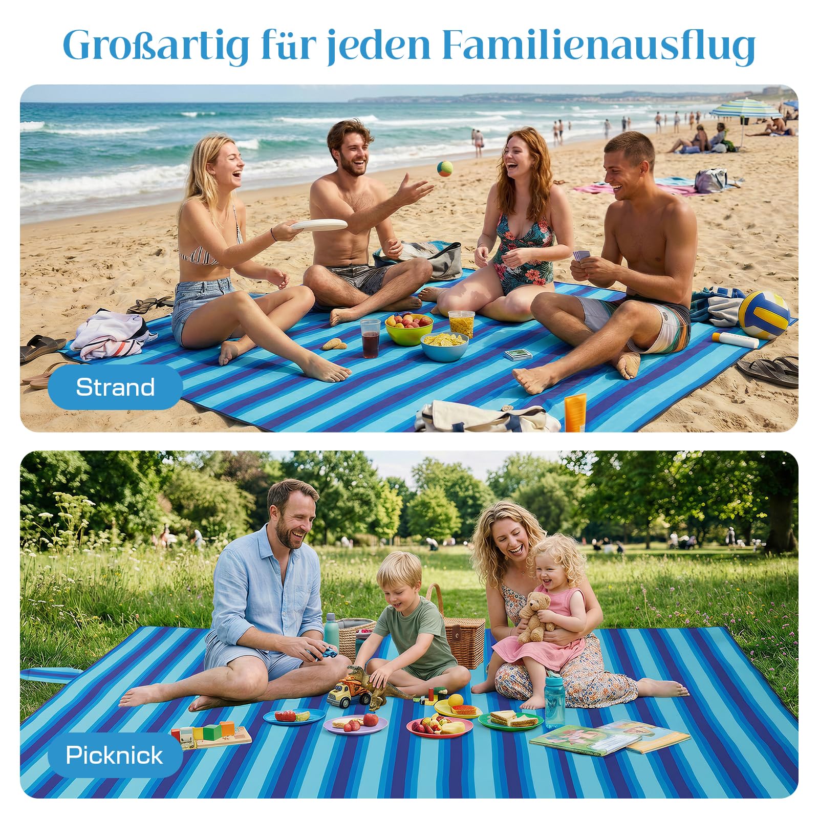 Picknickdecke XXL Wasserdicht Faltbar 304 x 304 cm, Sandfest Beachdecke Kompakt Waschbar Picknickmatte mit Karabiner& 6 Heringe, für Beach, Camping, Garten, Wandern, Blaue Streifen