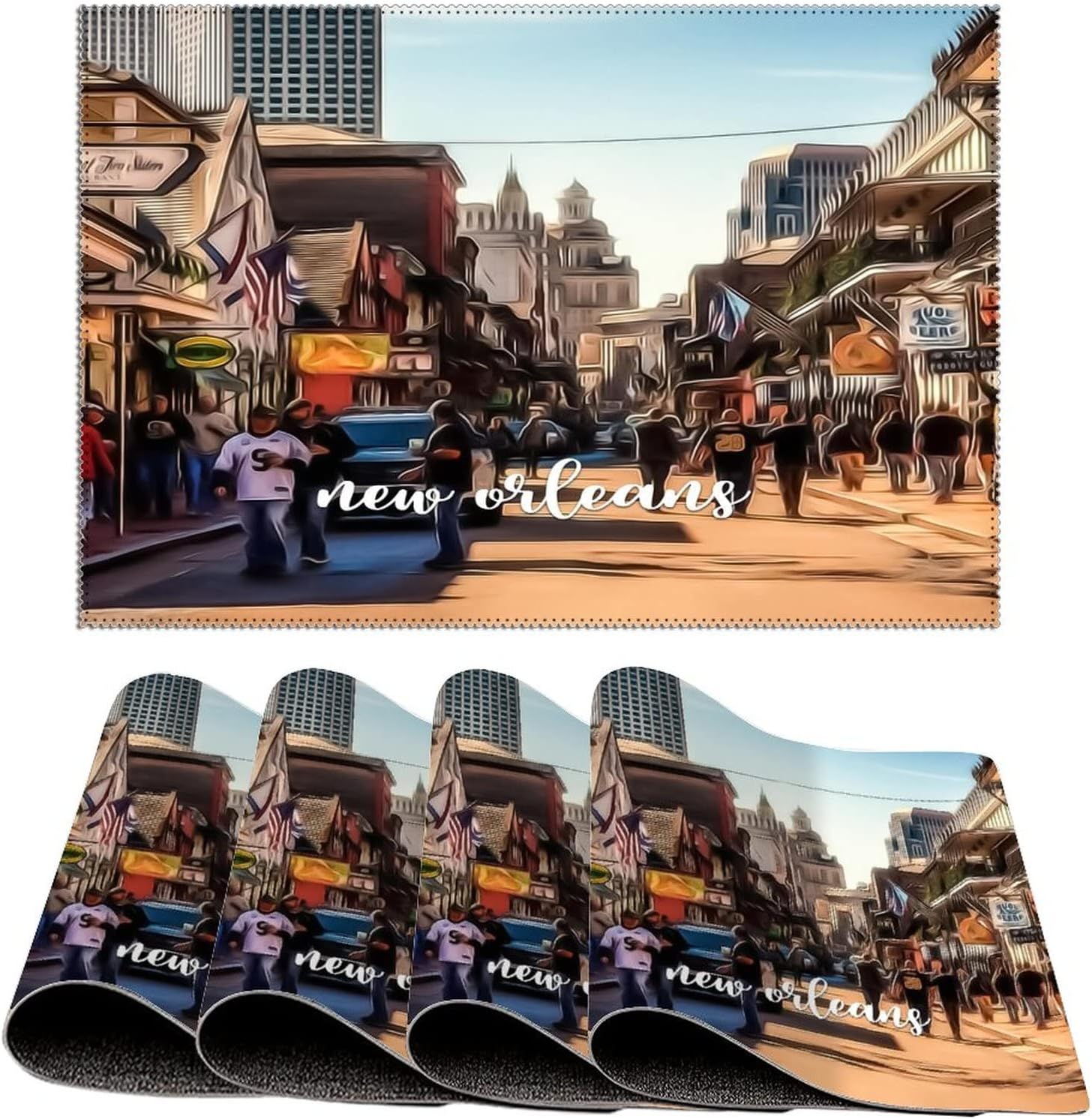 American Louisiana State New Orleans Placemats for Dining Table, New Orleans Scenery Cityscape Heat Resistant Place Mats, Washable PVC Table Mats, Non-Slip Stain Resistant Kitchen Table Placemat