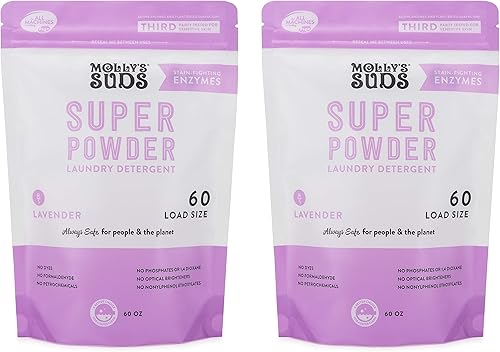 Molly's Suds Super Powder Detergent Jabón natural extra fuerte, combate las manchas y seguro para pieles sensibles, ingredientes derivados de la