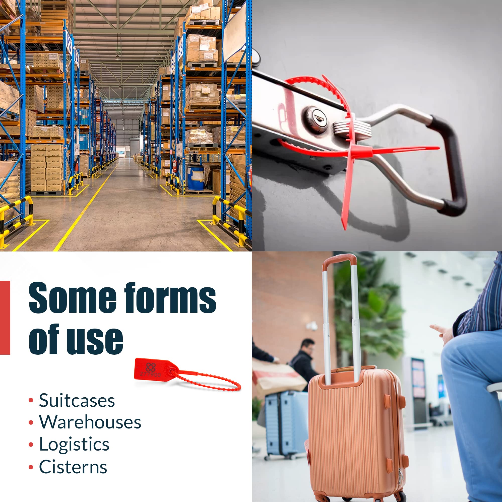DOJA BARCELONA | Scelles Plastiques de Securite Rouge 100 unités | 24 cm de Longueur | Brides numérotées pour Valise, conteneurs, portes, camion, transport, logistique entre autres utilisations.