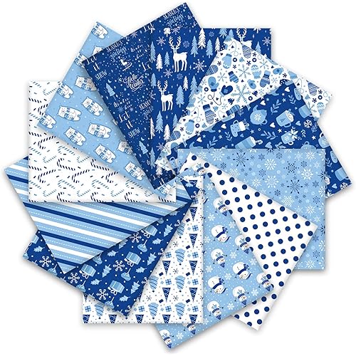 Whaline 12Pcs 18" x 22" Christmas Fat Quarter Fabric Bundles Winter Blue White Snowflake Reindeer Printed Quilting Patchwork Cotton Craft Fabric Pre-Cut Square Sheets for DIY Patchwork Sewing Crafting