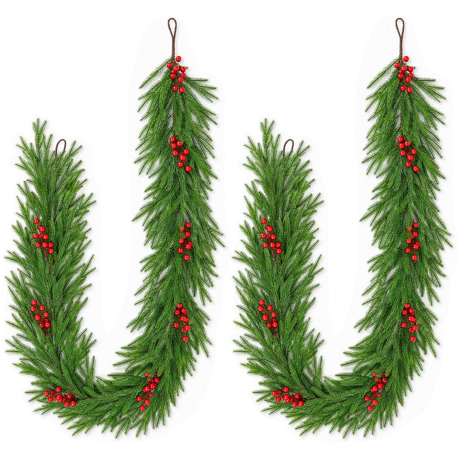 2PCS Artificial Norfolk Pine Garland with Red Berries, 180cm Christmas
