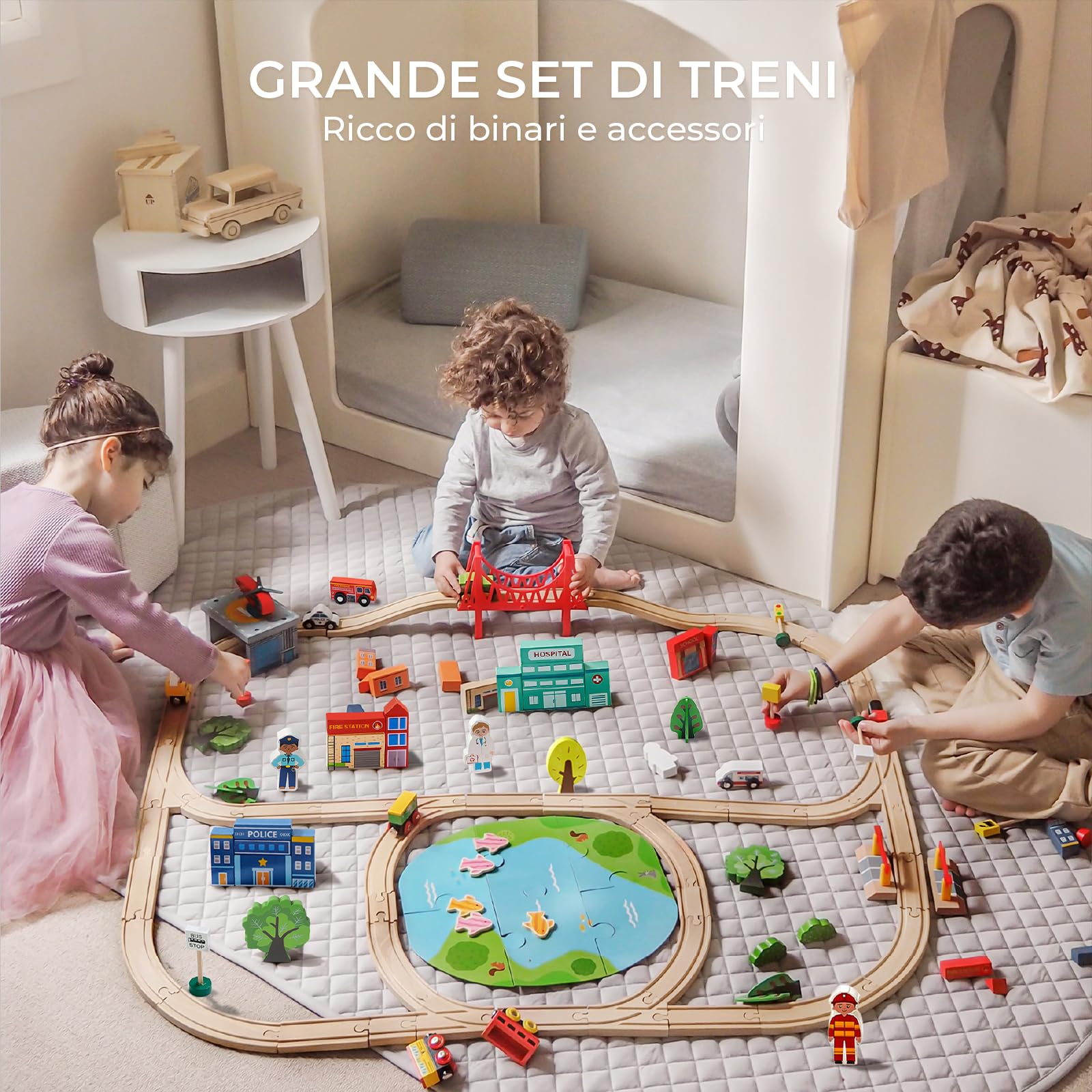 Tiny Land Set ferroviario ferroviario in legno, 110 pezzi, trenino giocattolo per ragazzi e ragazze con binari in legno, giocattolo in legno per bambini e bambini dai 3 ai 7 anni