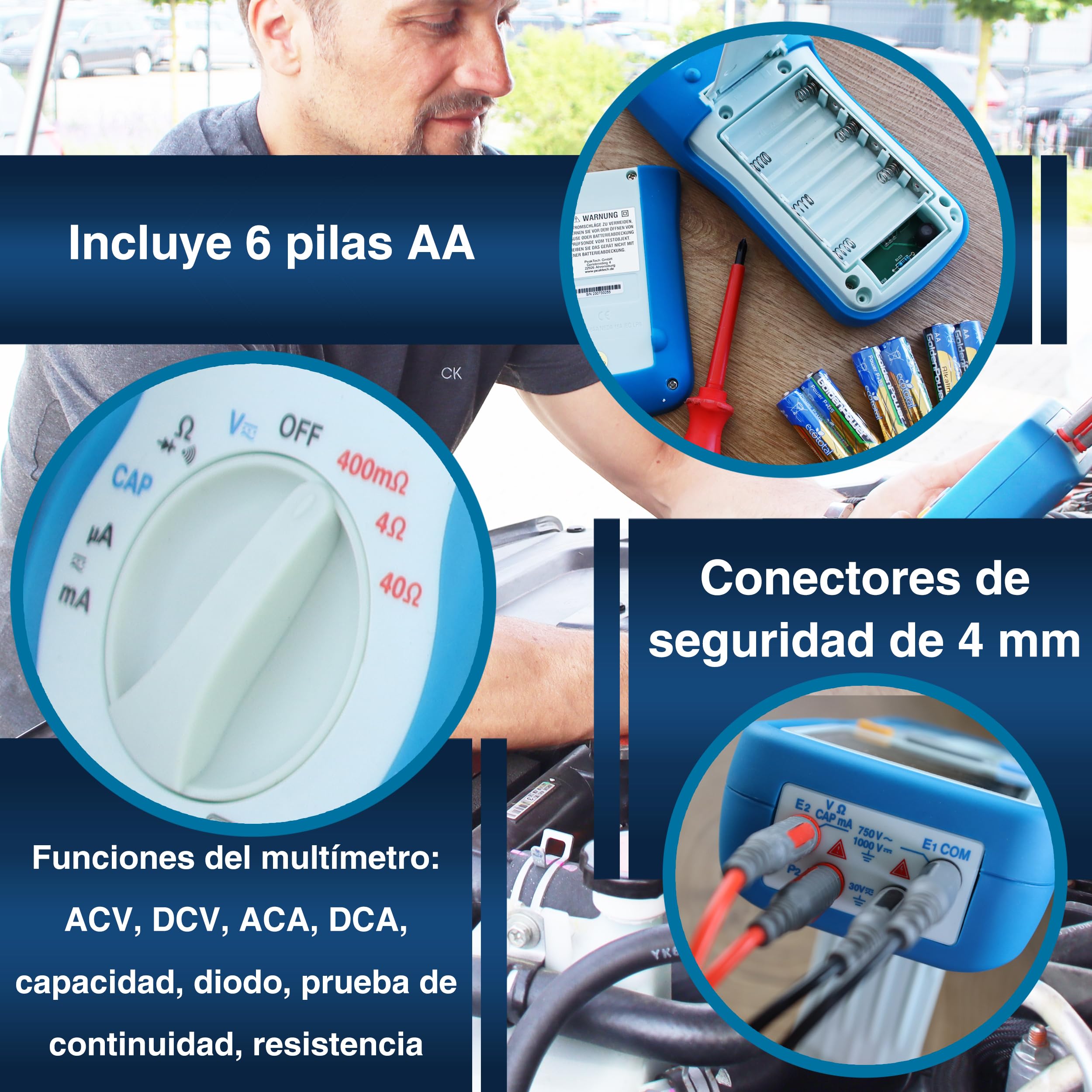 PeakTech 2705 Miliamperímetro digital CAT III 1000 V con cables Kelvin de 4 pines