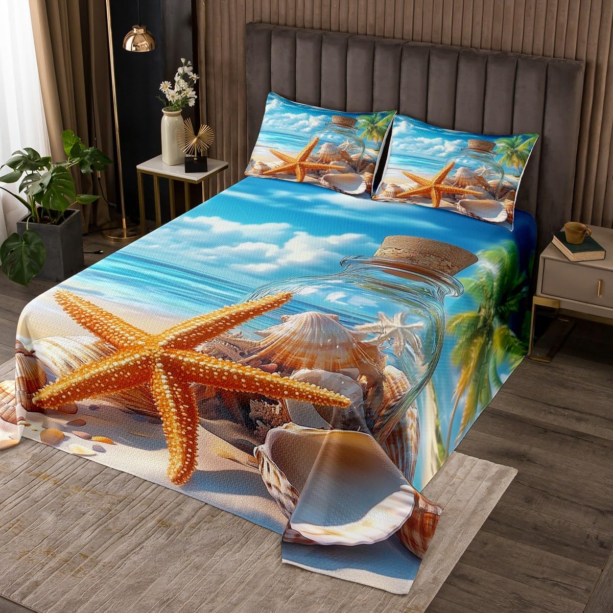 Summer Beach Kids Bedspread Queen Size,Starfish Sea Shell Ocean Marine Life Coverlet Set,Boys Girls Room Decor,Hawaii Coconut Palm Tree Quilted Coverlet,Blue Beige Bedding Quilt,2 Pillowcases