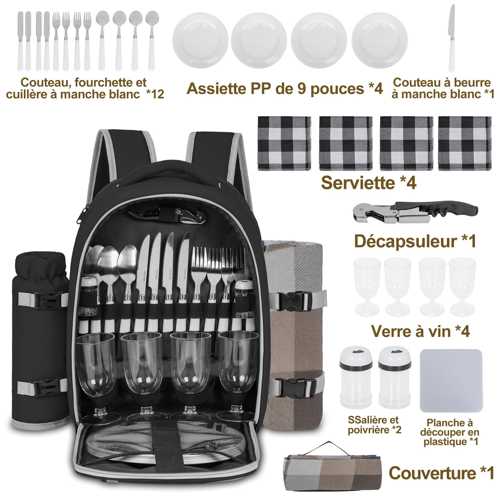 Sac à Dos de Pique-Nique pour 4 Personnes avec Compartiment Réfrigérants Isolés et Étanches, 30 Pièces Sac de Pique-Nique avec Ensemble et Couverture, pour Plage, Camping, Randonnée (Noir)