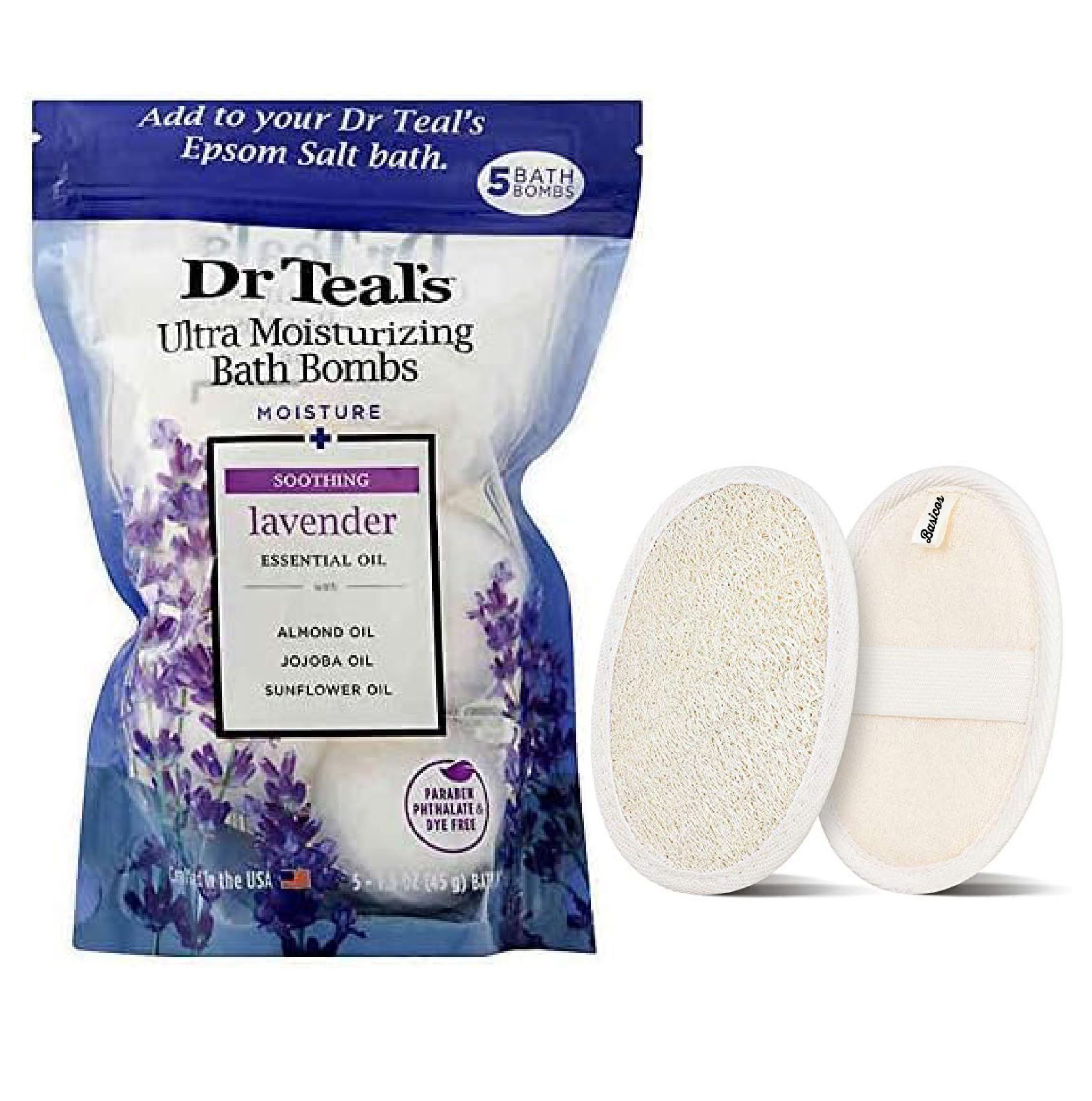 Dr.Teal's 5-Count Ultra Moisturizing Bubble Bath Bombs in Soothing Lavender with Essential Oils for Women and Men, Bonus 1 Basicos Exfoliating Loofah Pad (1)