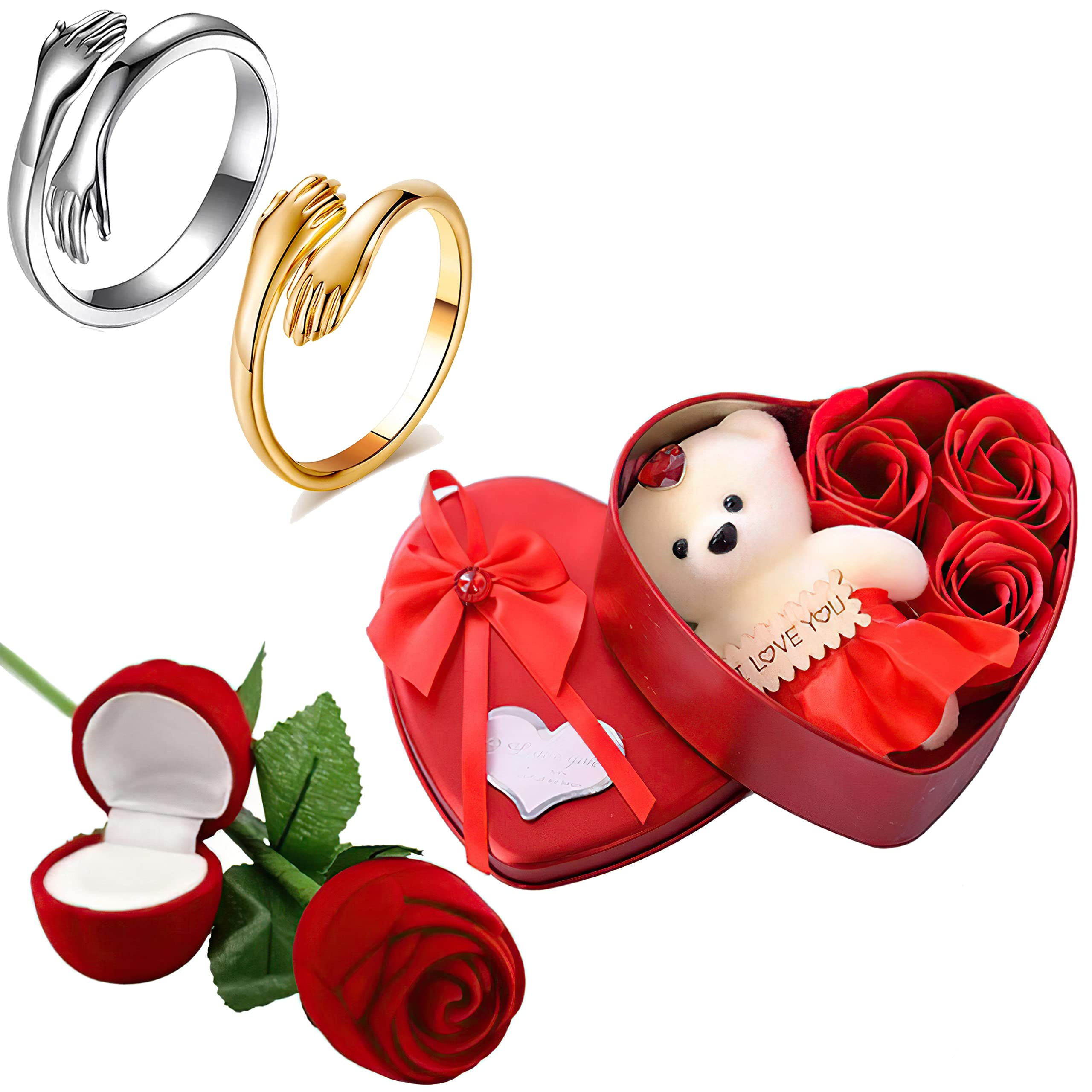 Fashion Frill Valentine Gift For Girlfriend Gold Silver Hug Couple Ring Red Rose Ring For Women Girls Men Boys Valentines day Gift Heartbox with Teddy Gifts For Wife Girlfriend (B0BSC2Z3Z9) Amazon Price History, Amazon Price Tracker