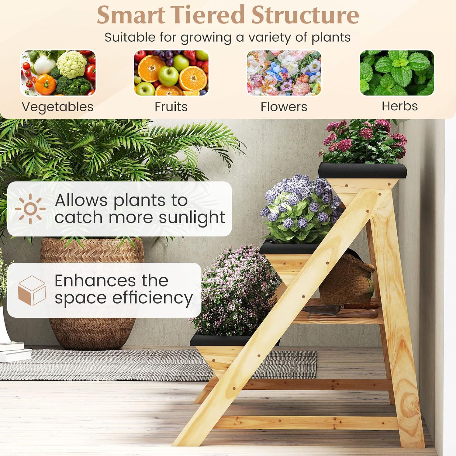 Giantex 3-Tier Vertical Raised Garden Bed, Wood Elevated Planter Box with Legs, Storage Shelf, Liners for Growing Vegetables Herbs Flowers, Indoor Outdoor Freestanding Raised Bed for Patio (Natural)