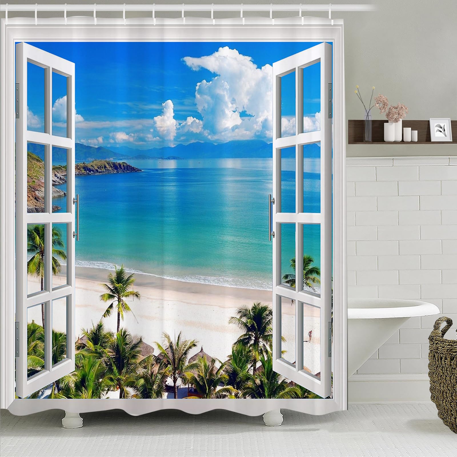 Simpomsy Color-21 Beach Shower Curtain, 3D Ocean Seascape Sky Clounds Nature Tropical Palm Tree Seagull Window Views Anti Mould Bath Curtains For Bathroom 150X180cm