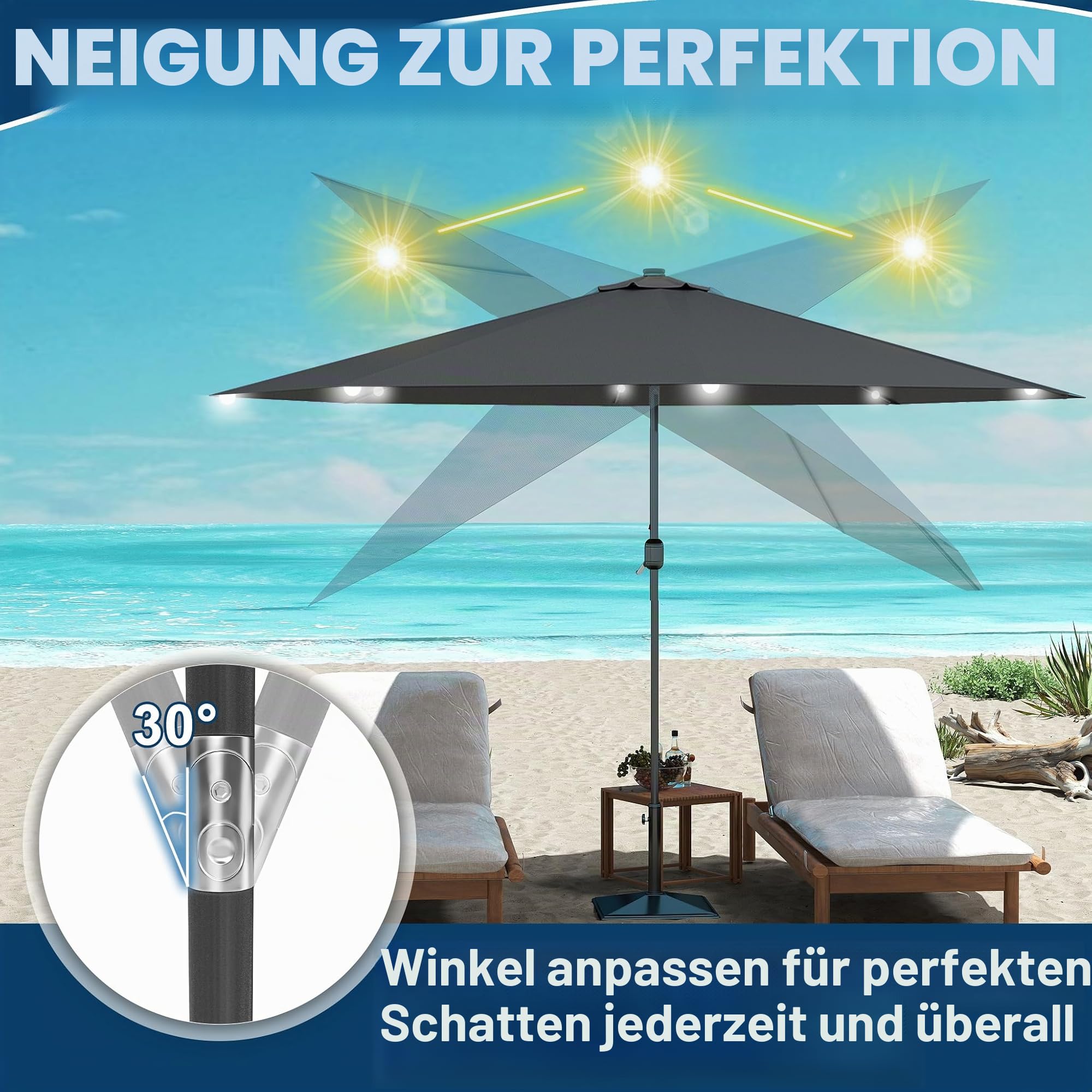 LZQ Sonnenschirm Balkon Ø 350cm Gartenschirm mit Solar LED Beleuchtung Alu Marktschirm mit Handkurbel Strandschirm Rund Terrassenschirm Wasserabweisende UPF 40+(Dunkelgrau, Winkel Nicht Verstellbar)