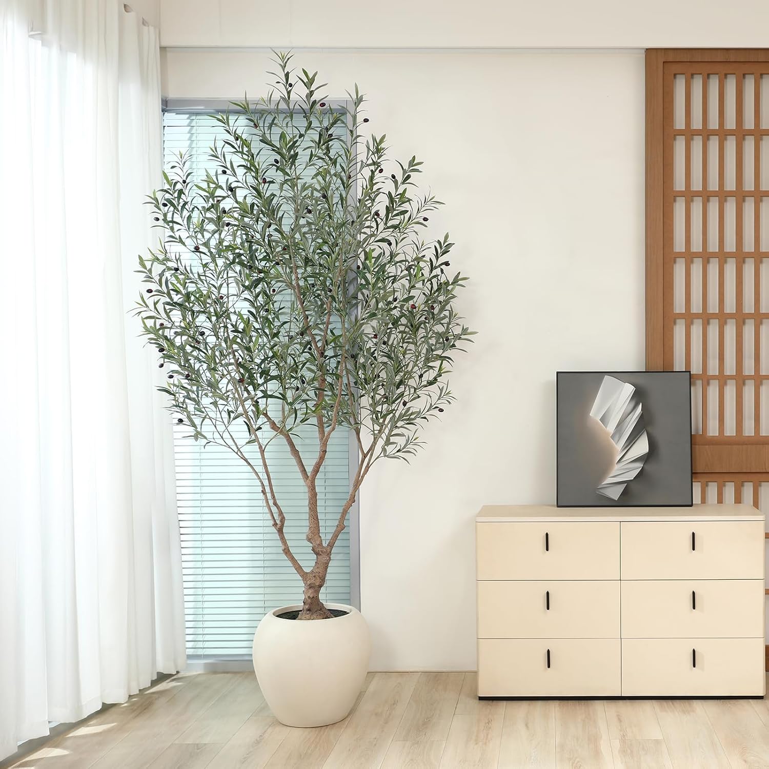 Olive Trees Artificial Indoor, 8 Feet Tall Faux Olive Tree with Round Artisan Planter, Premium Handmade, Realistic Trunk & Lifelike Leaves, Perfect for Large Spaces & Elegant Home/Office Decor - Image 2