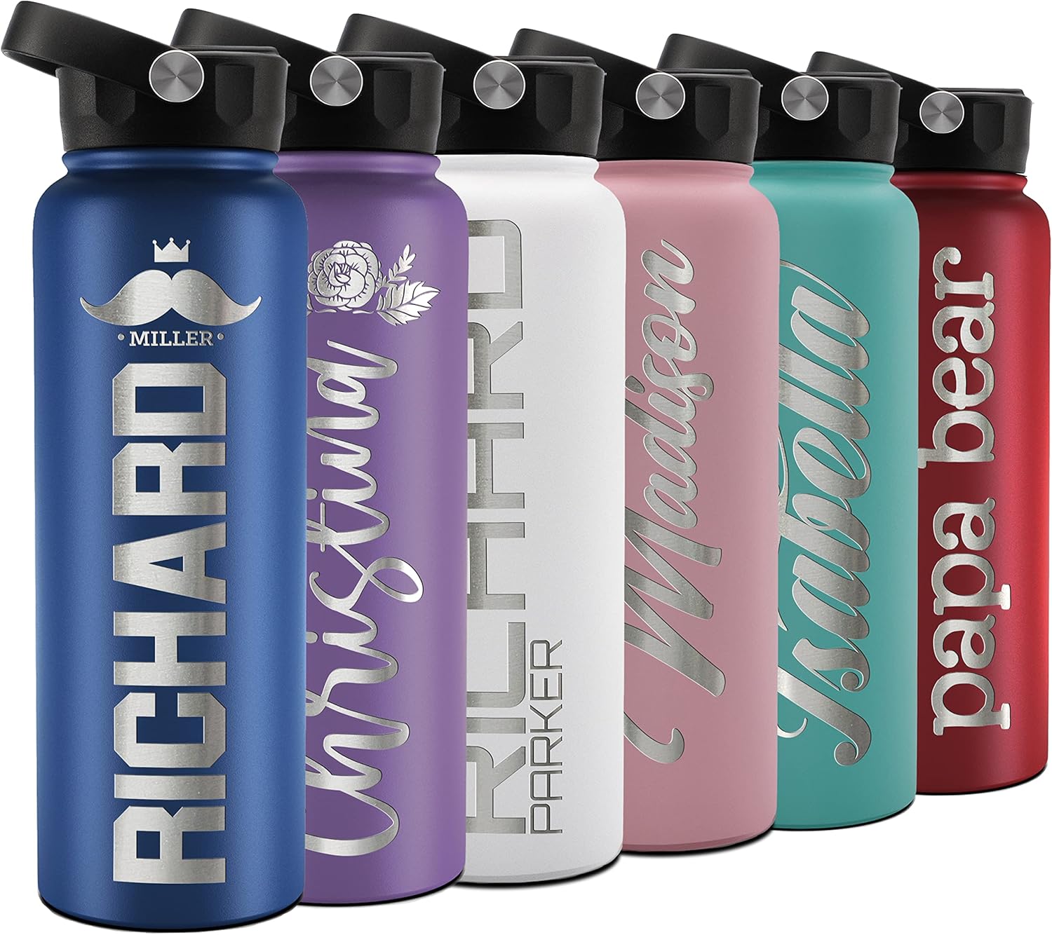 Custom Water Bottle w Straw Lid & Handle | 24 oz - Purple | Personalized Double-Wall Vacuum-Insulated Sports Water Bottle w Name, Text | Laser Engraved Water Bottle with 3 sizes, 12 designs & 9 color