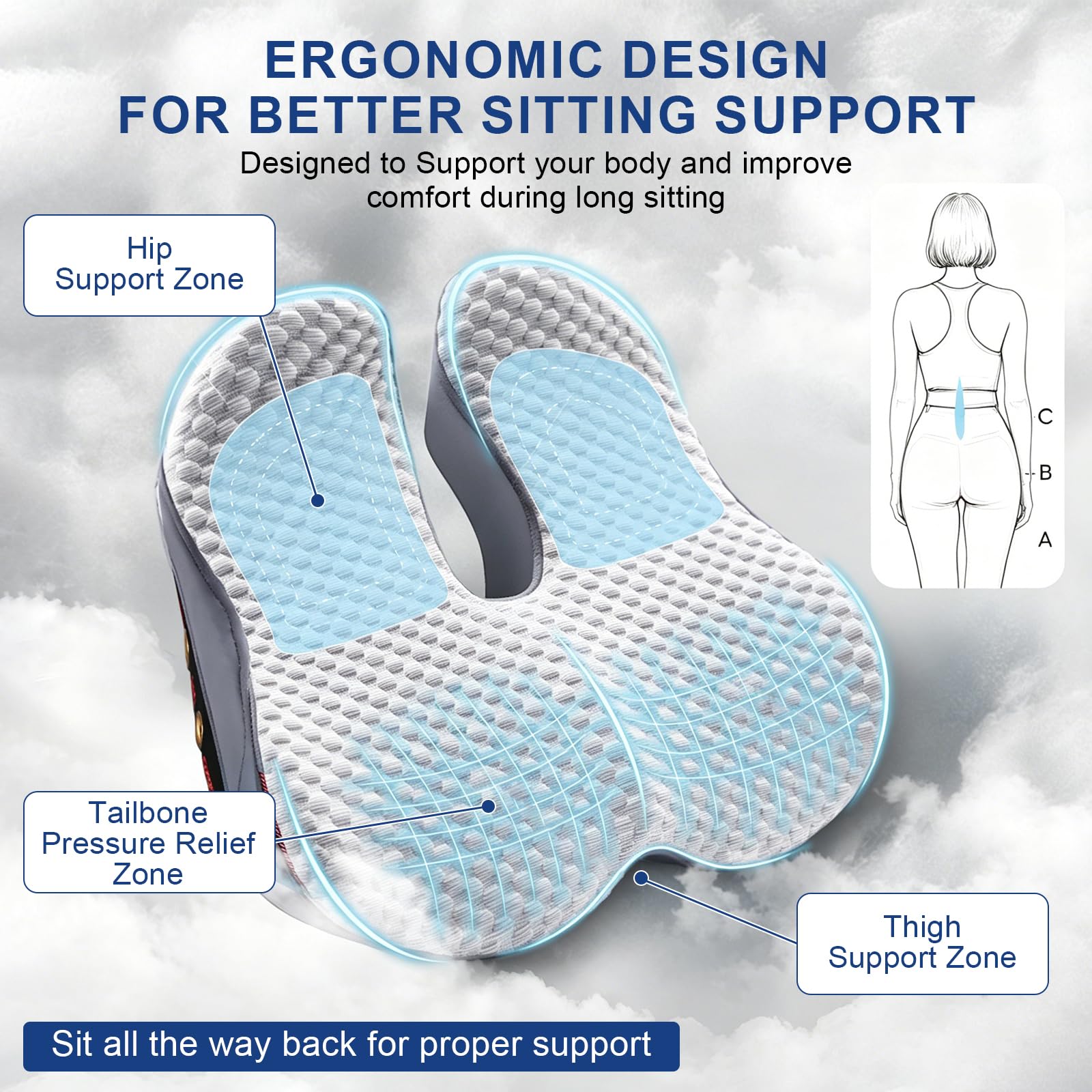 Sitzkissen für Steißbein-Schmerzlinderung, Größe XL, ergonomisches Design für langes Sitzen, Bürostuhl, Auto und Flugzeug, Rollstuhl, Hüft- und Ischiasschmerzen, Druckentlastung, hohe