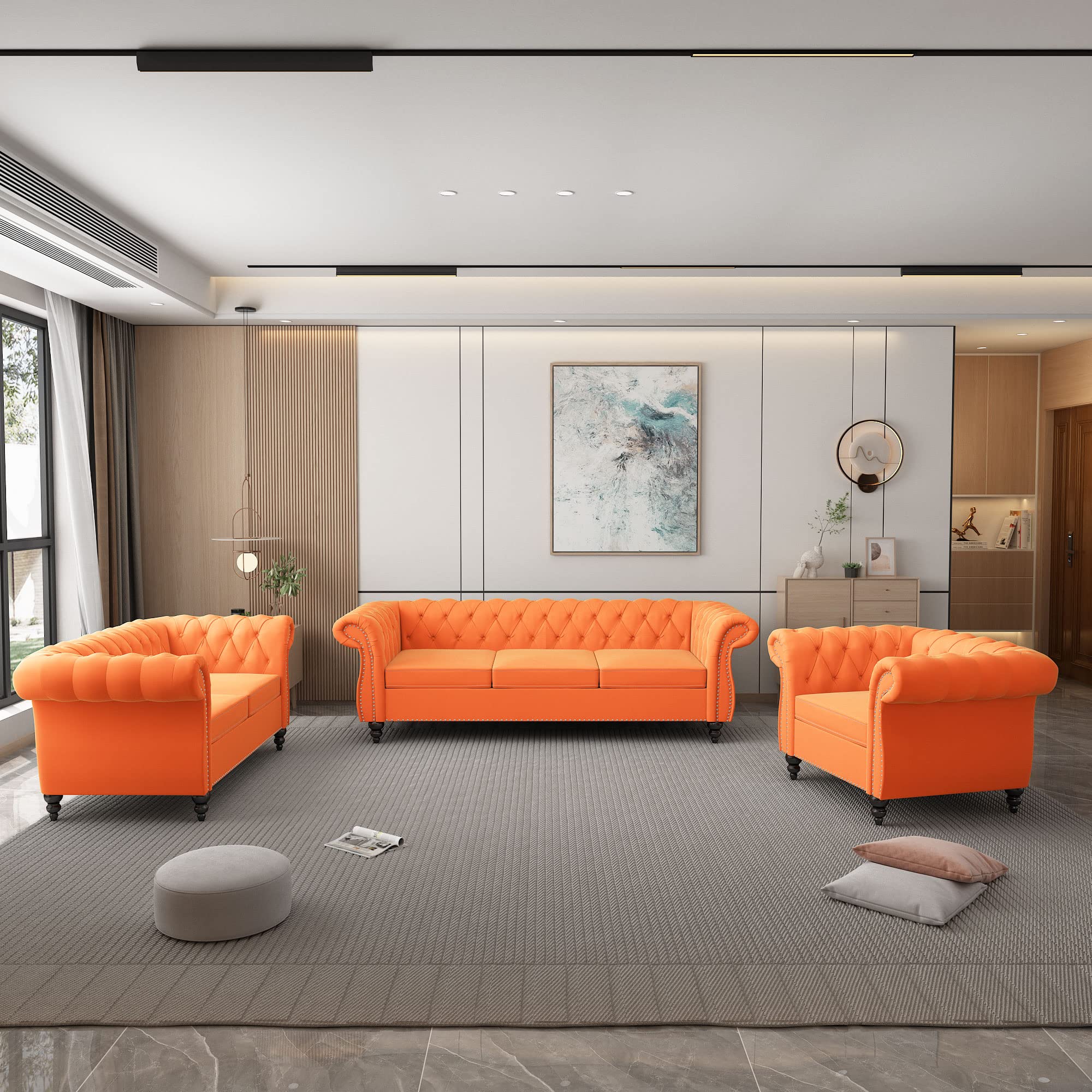 ORRD 3 Piece Living Room Set, Velvet Chesterfield Sofa Loveseat Couch Chair with Scroll Arms and Nailhead for Living Room, Office (Orange)