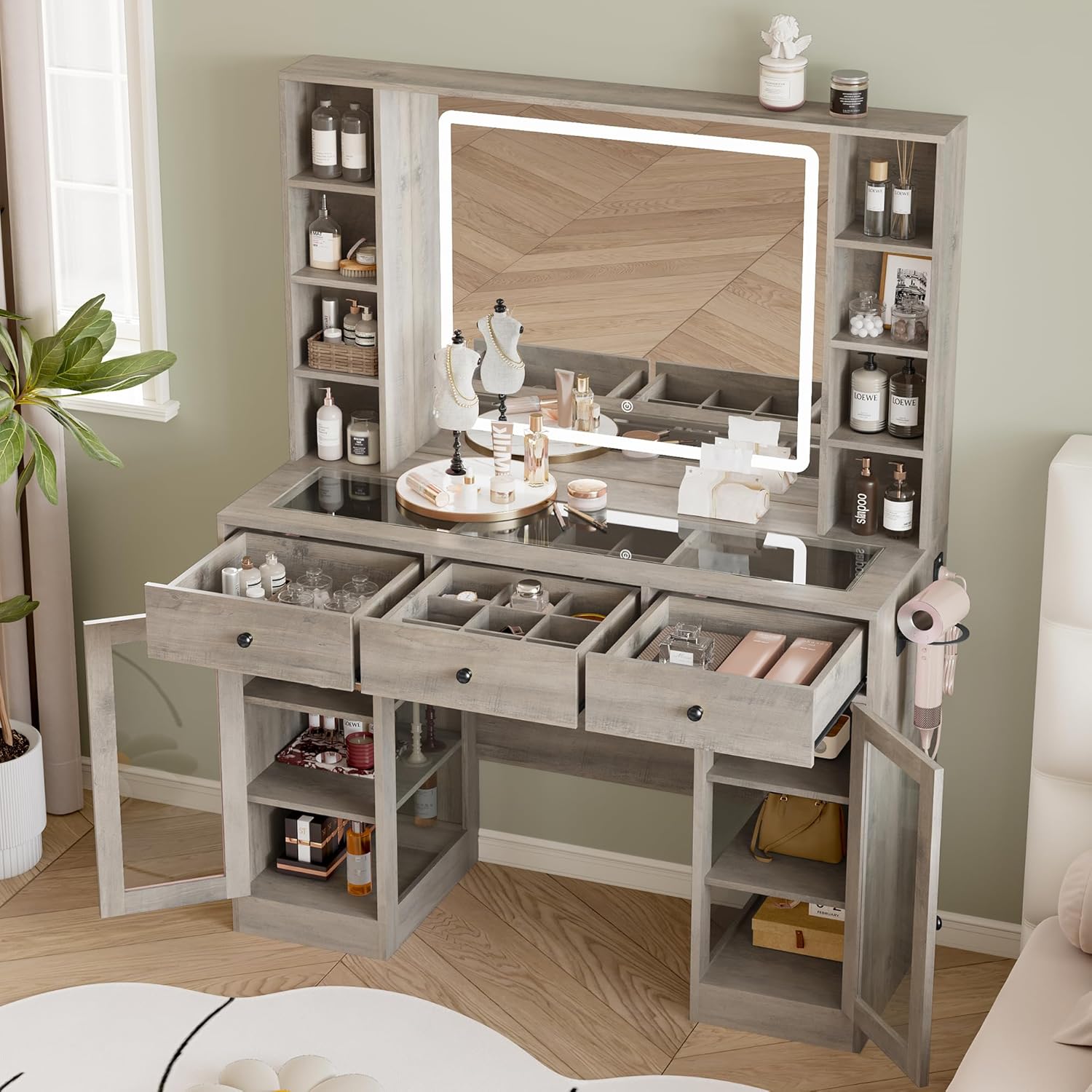 Wodeer vanity desk with drawers and glass cabinets open, revealing ample storage space for various items.