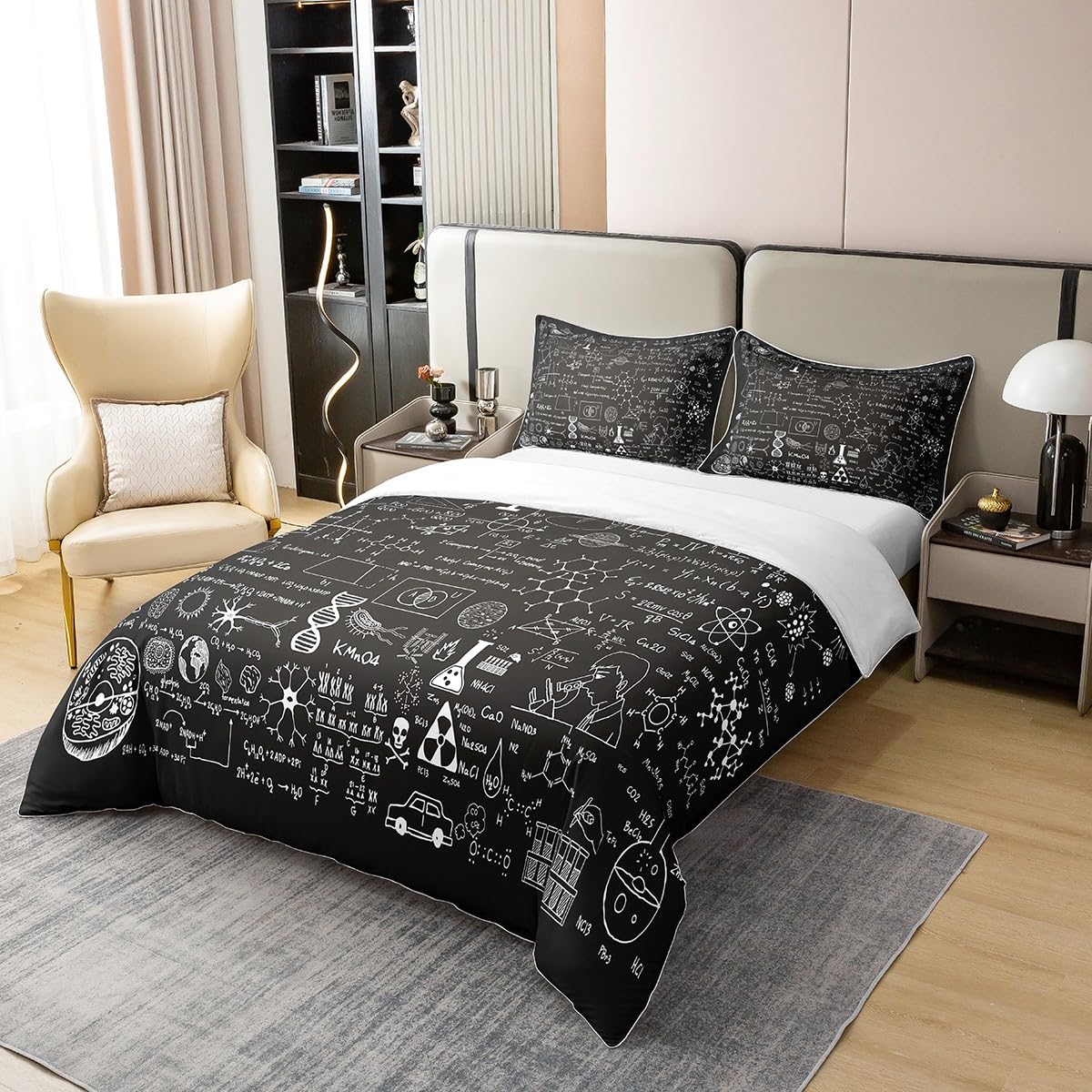 Loussiesd Juego de ropa de cama 100% algodón, 135 x 200 cm, con fórmula científica, juego de ropa de cama para niños, diseño geométrico con números, funda nórdica y cierre de cremallera