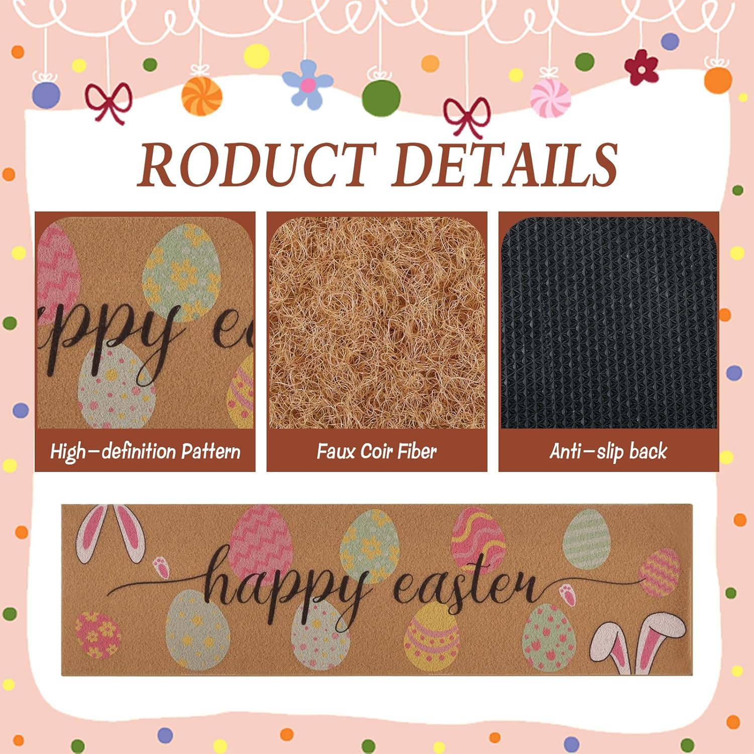 Foxtell Happy Easter Decorative Door Mat, 16"x60" Easter Welcome Doormat - Non-Slip Imitation Coir Entry Mat with Colorful Eggs Design for Spring, Outdoor & Indoor Front Door Decor