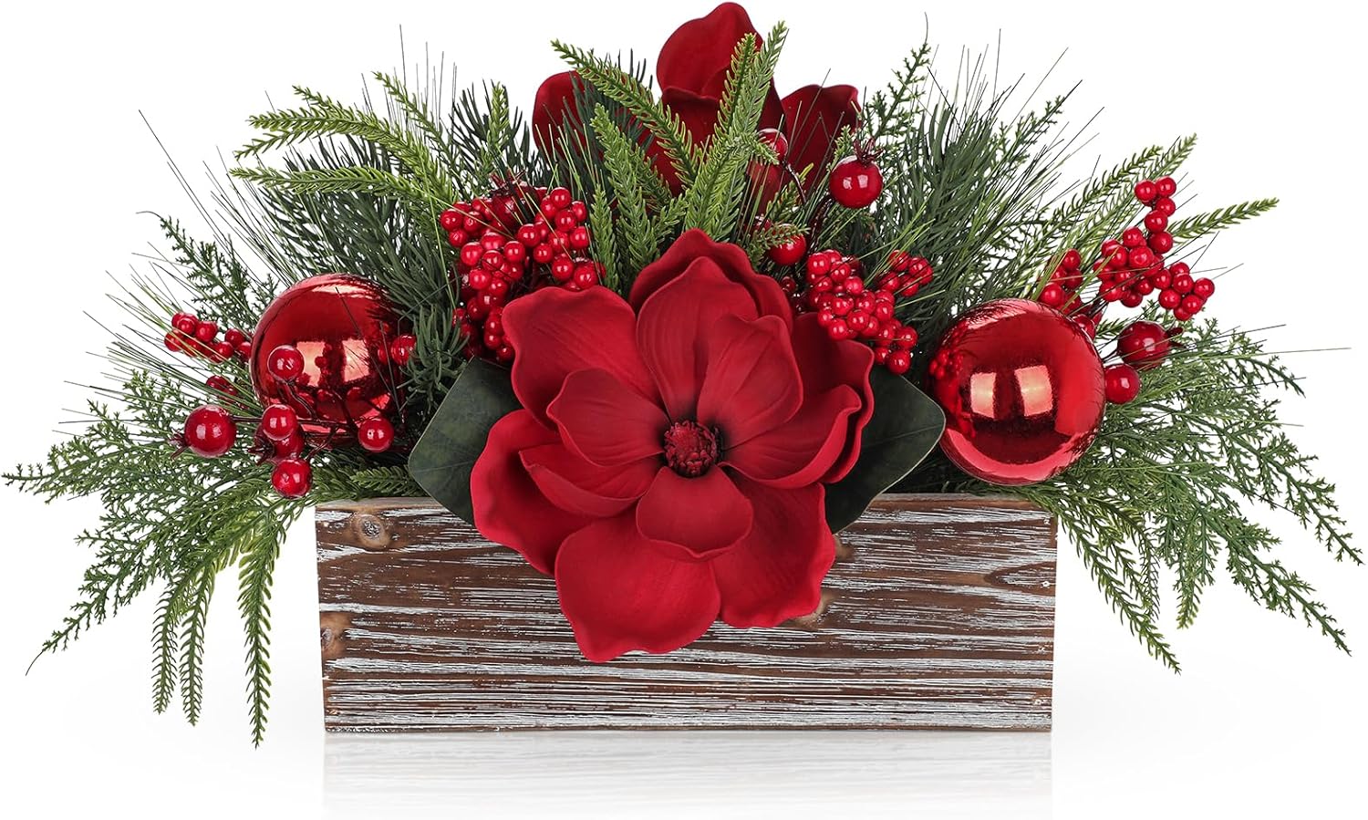 Christmas Centerpiece 11 Inch Artificial Norfolk Pine in Rustic Wooden Pot Flower Arrangement with Magnolia Flowers Pine Greenery Red Berries Ornaments for Dining Table Holiday Party Mantel Xmas Decor