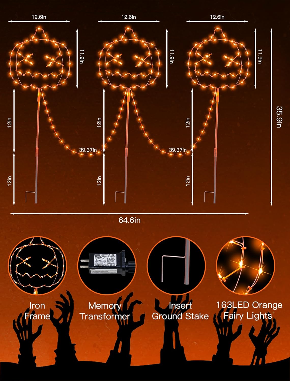 Halloween Walkway Lights,163LED Outdoor Pumpkin Decorations Light Plug in,Timer 8 Modes Garden Stake String Lights for Pathway,Fence,Patio,Yard,Party,Halloween Decor-Orange