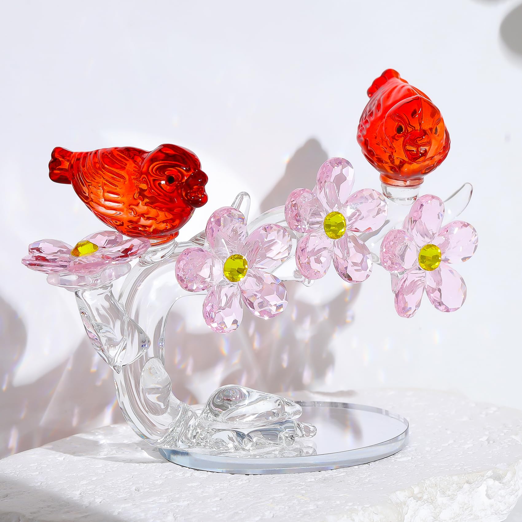 Movdyka Crystal Flowers with Birds Couples Gifts for Wedding Ruby Anniversary Glass Floral Animal Collectible Figurines Presents for Newlyweds Married Couple Housewarming Ornaments for Parents (Red)