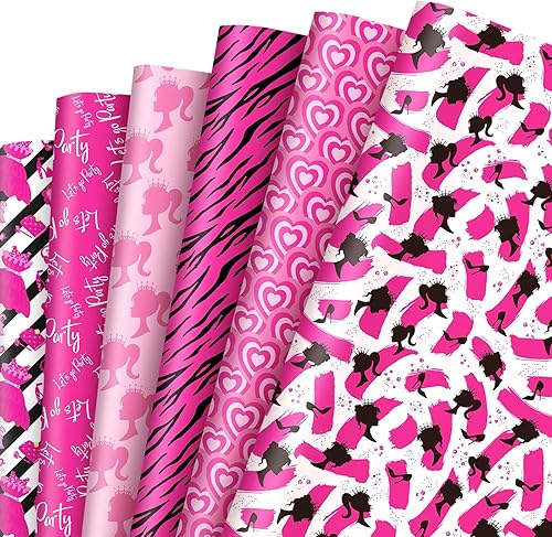 Whaline 12 hojas de papel de regalo de princesa para niñas, papel de regalo para el día de San Valentín, papel de regalo plegado rosa con corazones,