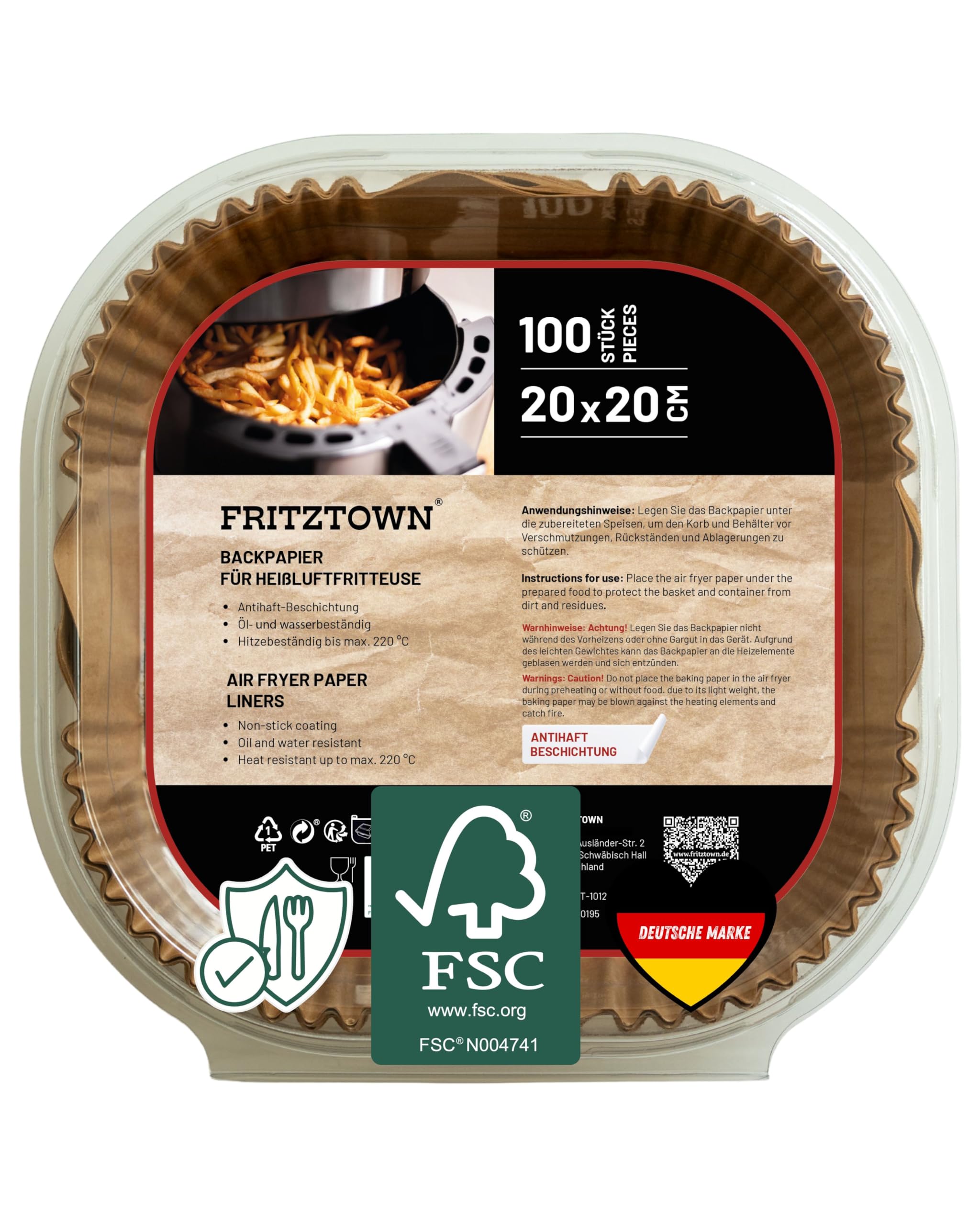 FRITZTOWN Backpapier für Heißluftfritteuse 4,5L-8L | Air Fryer Backpapier Pergamentpapier | 100 Blatt 20x20 cm Quadratisch | Kompatibel mit Ninja COSORI Philips Cecotec Midea Russell XL XXL Airfryer