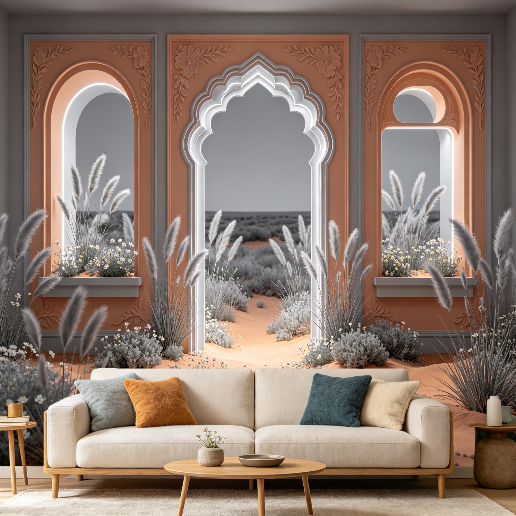 Custom Size Wall Mural， 3D Archway Desert Landscape Pampa Scenery， SelfAdhesive Art Prints wall Fabric Removable Large Wallpaper Home Living Room Decor， Wall Aesthetic Mural