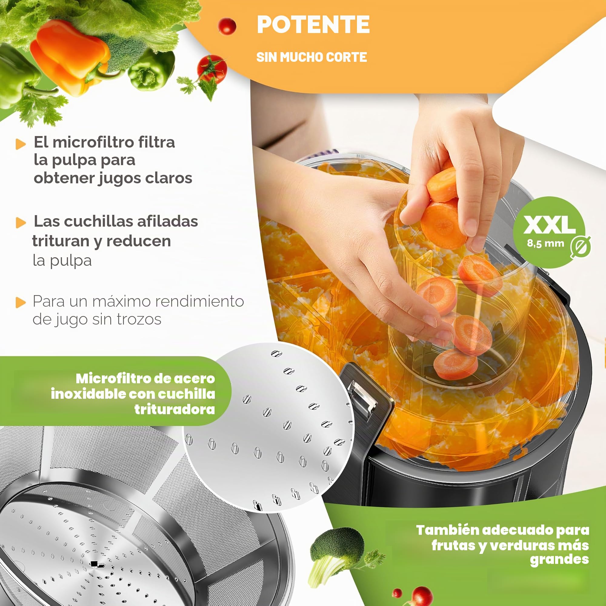 KESSER® Exprimidor para fruta y verdura, de acero inoxidable 1100W, 85 mm de abertura de llenado, incl. cepillo de limpieza y recipiente para zumo, 3 ajustes de velocidad, Exprimidor, Negro