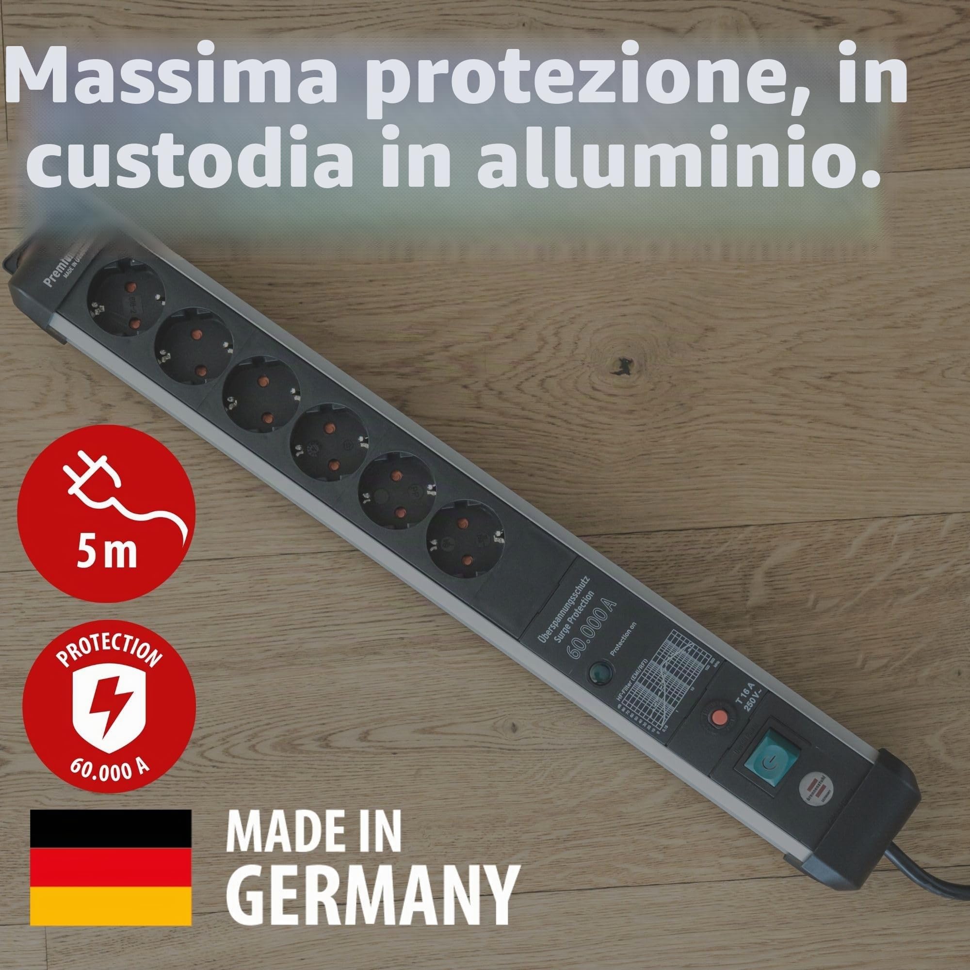 Brennenstuhl Premium Protect-Line - Ciabatta elettrica a 6 prese con protezione contro le sovratensioni 60.000 A (presa multipla con interruttore e cavo da 5 m, Made in Germany) argento/nero