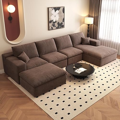 136.6'' U Shaped Modern Couches Modular Sectional Cloud Couch Whit Ottoman,4-Seat Chenille Deep Seat Sofa with Pillow for Living Room, Bedroom and Apartment,Camel