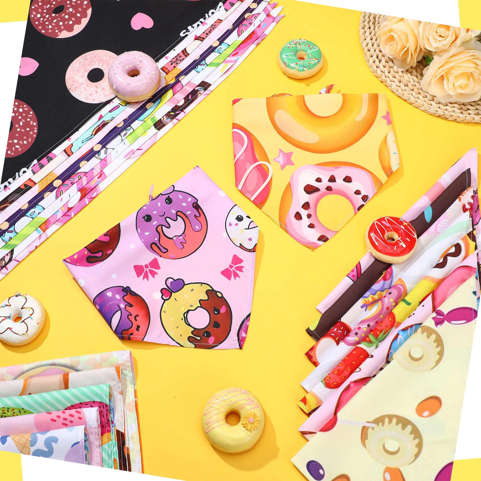 Huhumy 100 bandanas de dona para perros, baberos para mascotas, bufanda triangular colorida, tamaño XL, bandanas para perros medianos y grandes, primavera, verano, caramelos, cumpleaños, decoración de