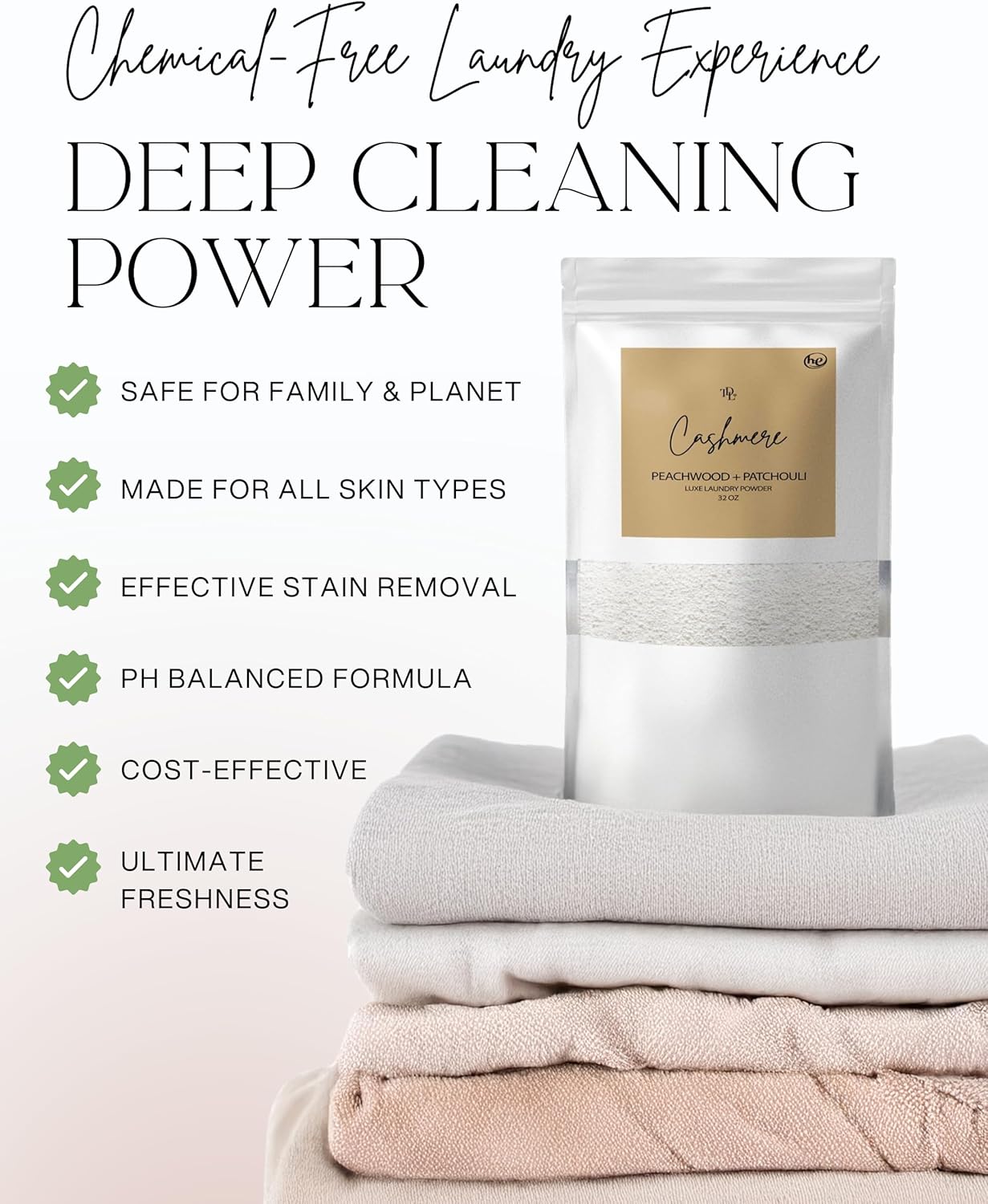Home "CASHMERE" Powdered Luxury Laundry Detergent Powder & Booster – Ultra-Concentrated Peachwood & Patchouli Scent – Natural, Stain-Fighting, HE Safe, Gentle on Skin – 32 oz/64 Loads