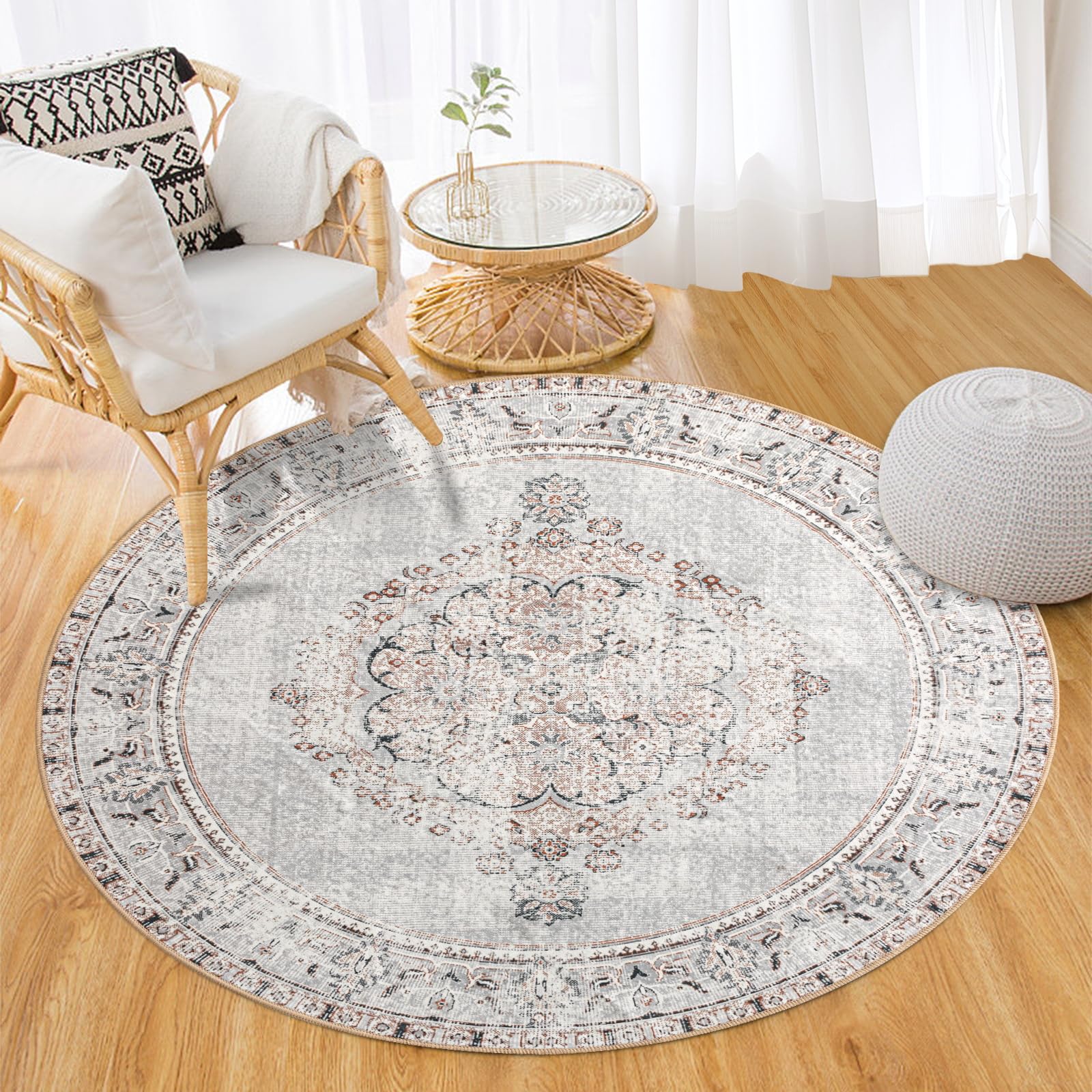 Tapis rond bohème brique grise pour salle à manger et bureau