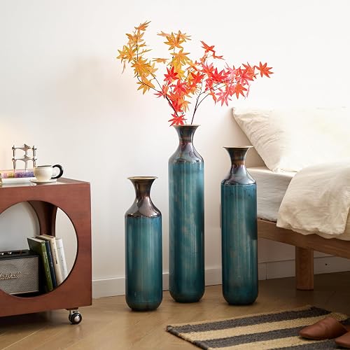Tall Blue Metal Floor Vases Set of 3 – Modern Decorative Cylinder Vases for Living Room, Bedroom & Entryway, Large Glazed Metal Vase for Home Decor or Gift(Aqua Blue)