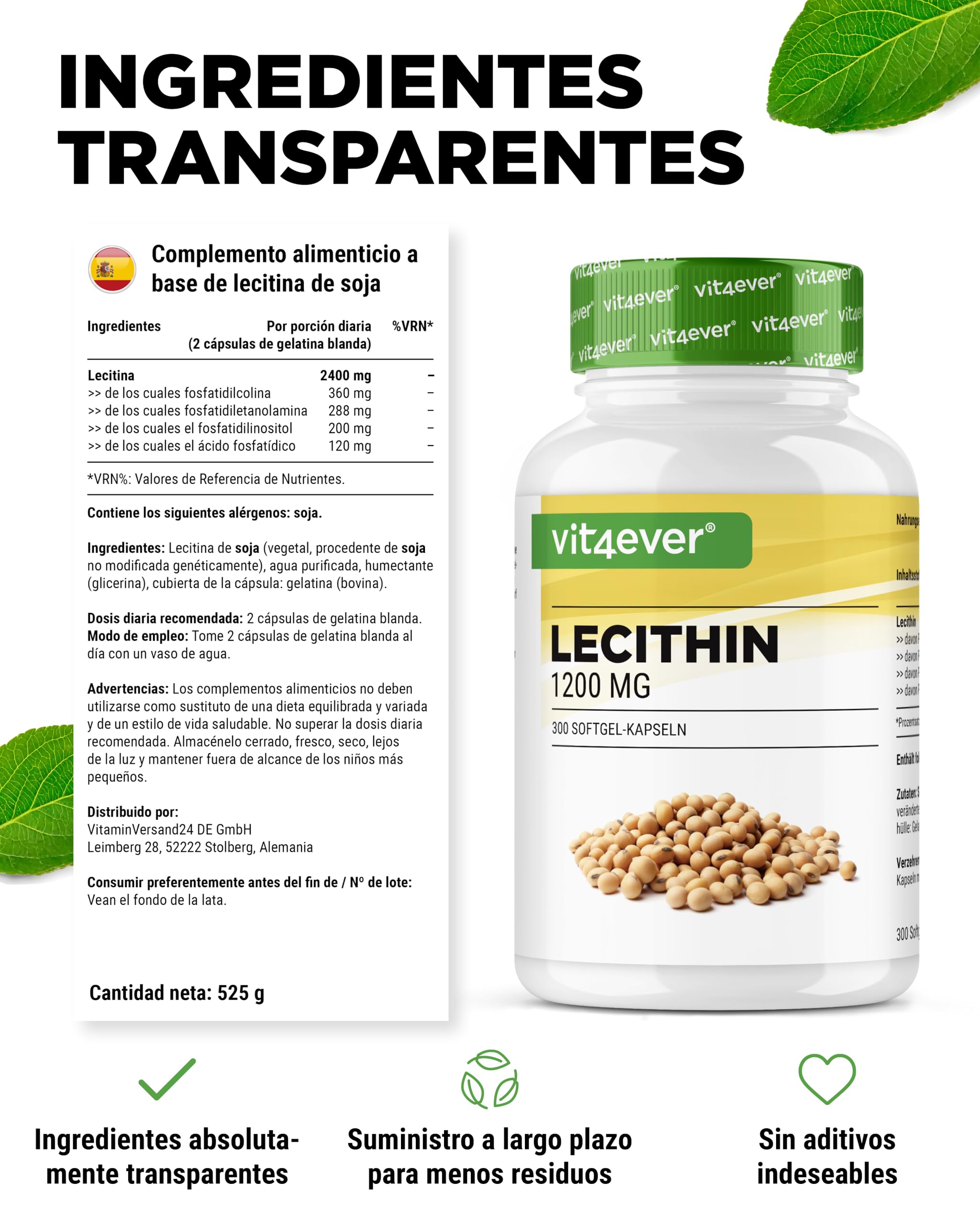 Lecitina 1200 mg - 300 cápsulas blandas - Premium: Con fosfátidos - Lecitina de soja no modificada genéticamente - Alta dosis