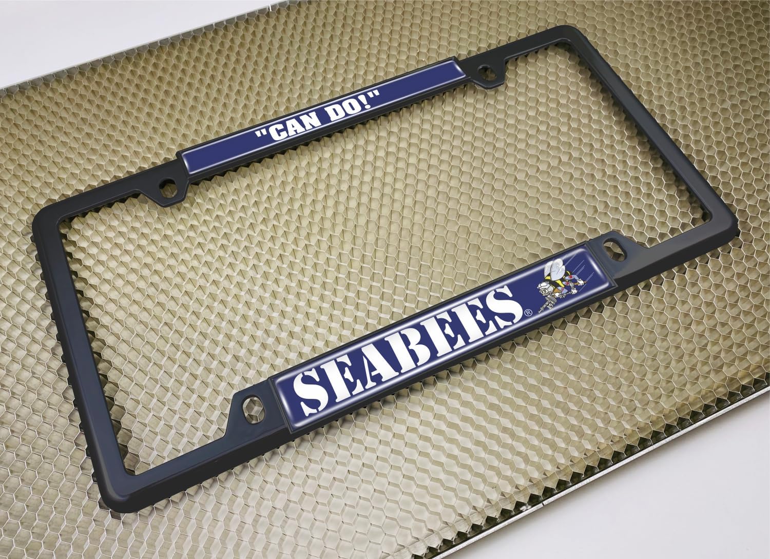 [Officially Licensed Product] - U.S. Navy Seabees - Domed Custom-Made Personalized Narrow (Thin) Top 4 Hole Metal Car License Plate Frame with Free caps - Black (Qty: 1 Frame)